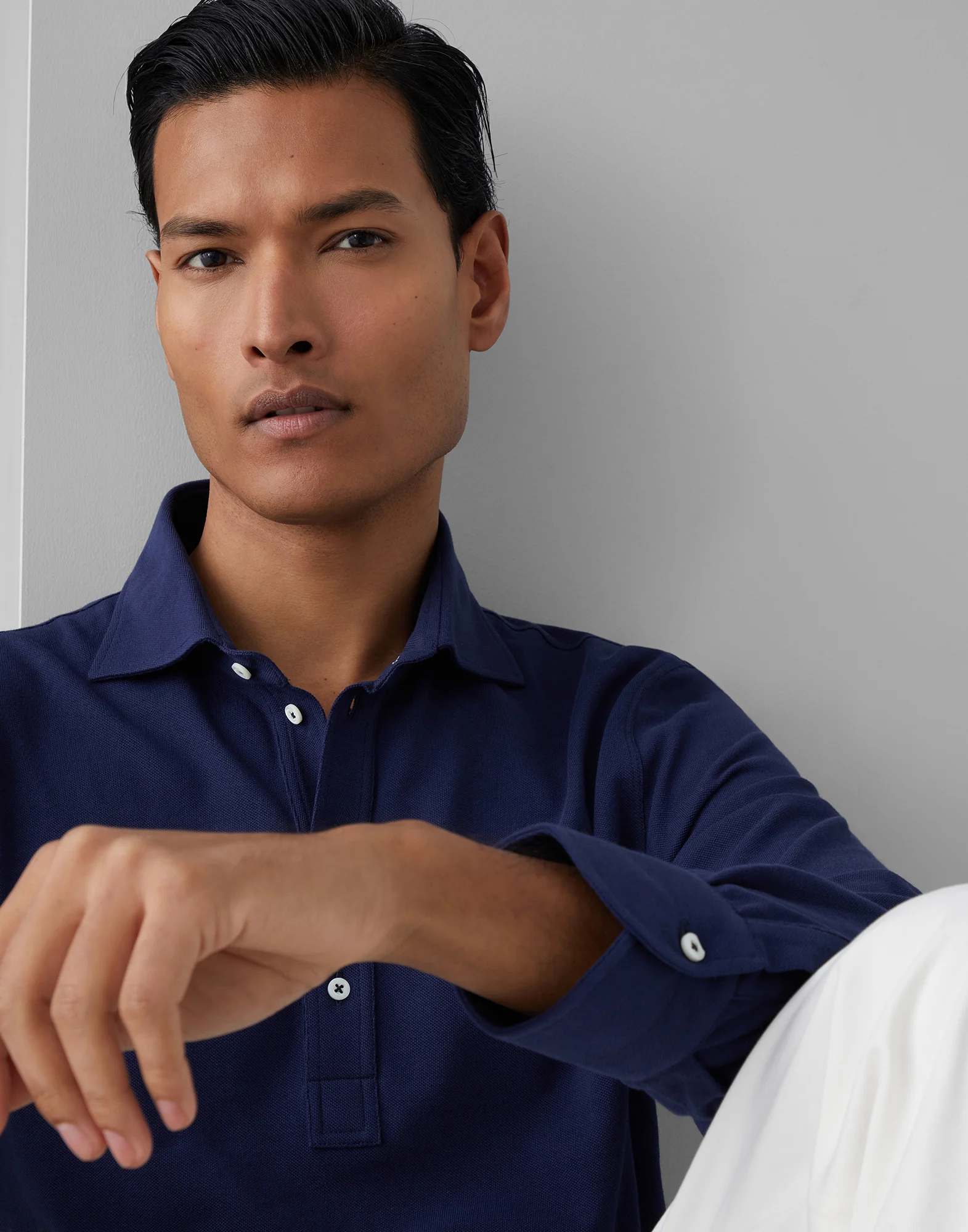 Cotton pique long sleeve polo with shirt-style collar
