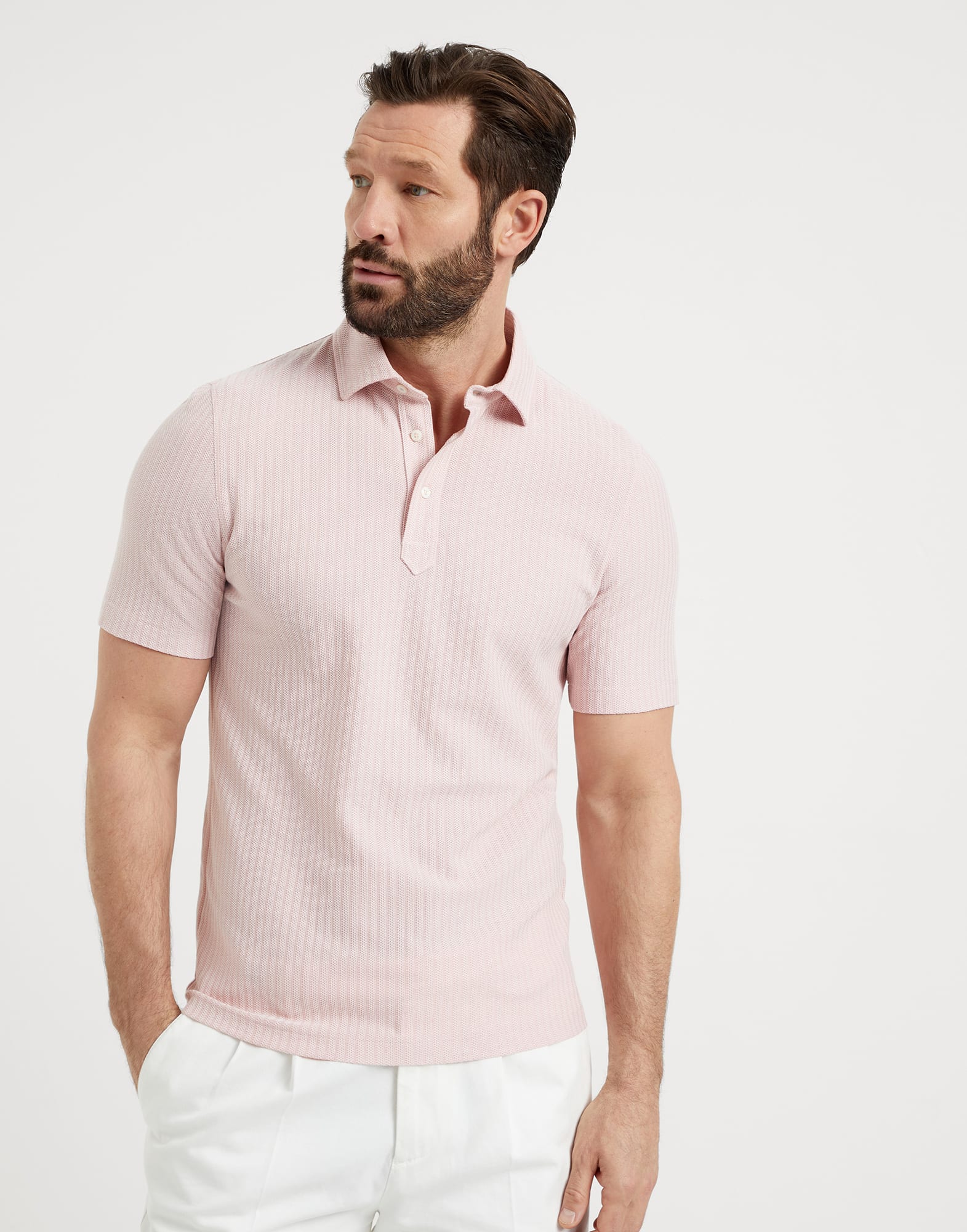 Cotton and silk textured pique polo with shirt-style collar