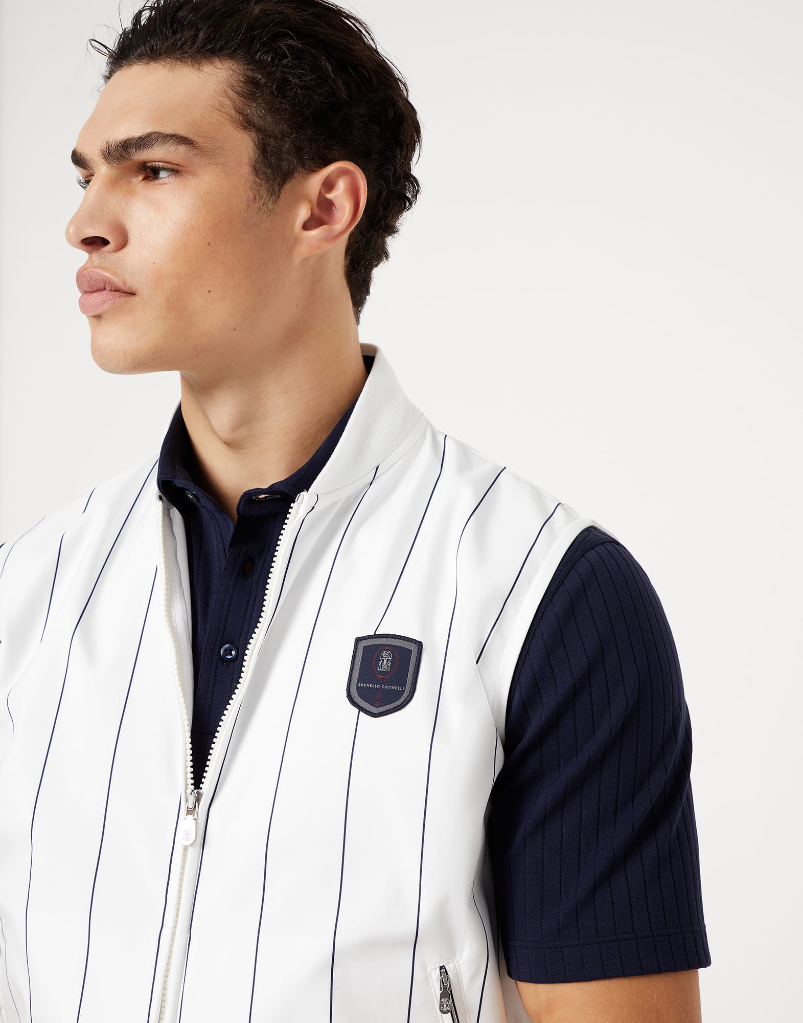Chalk stripe nylon sleeveless sweatshirt with zipper and tennis badge
