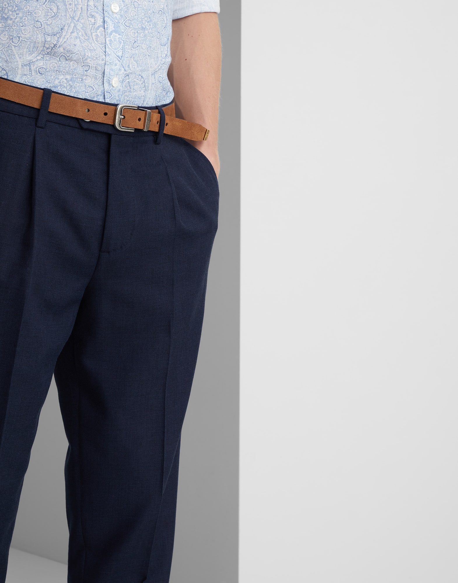 Cotton and virgin wool diagonal leisure fit trousers with pleat