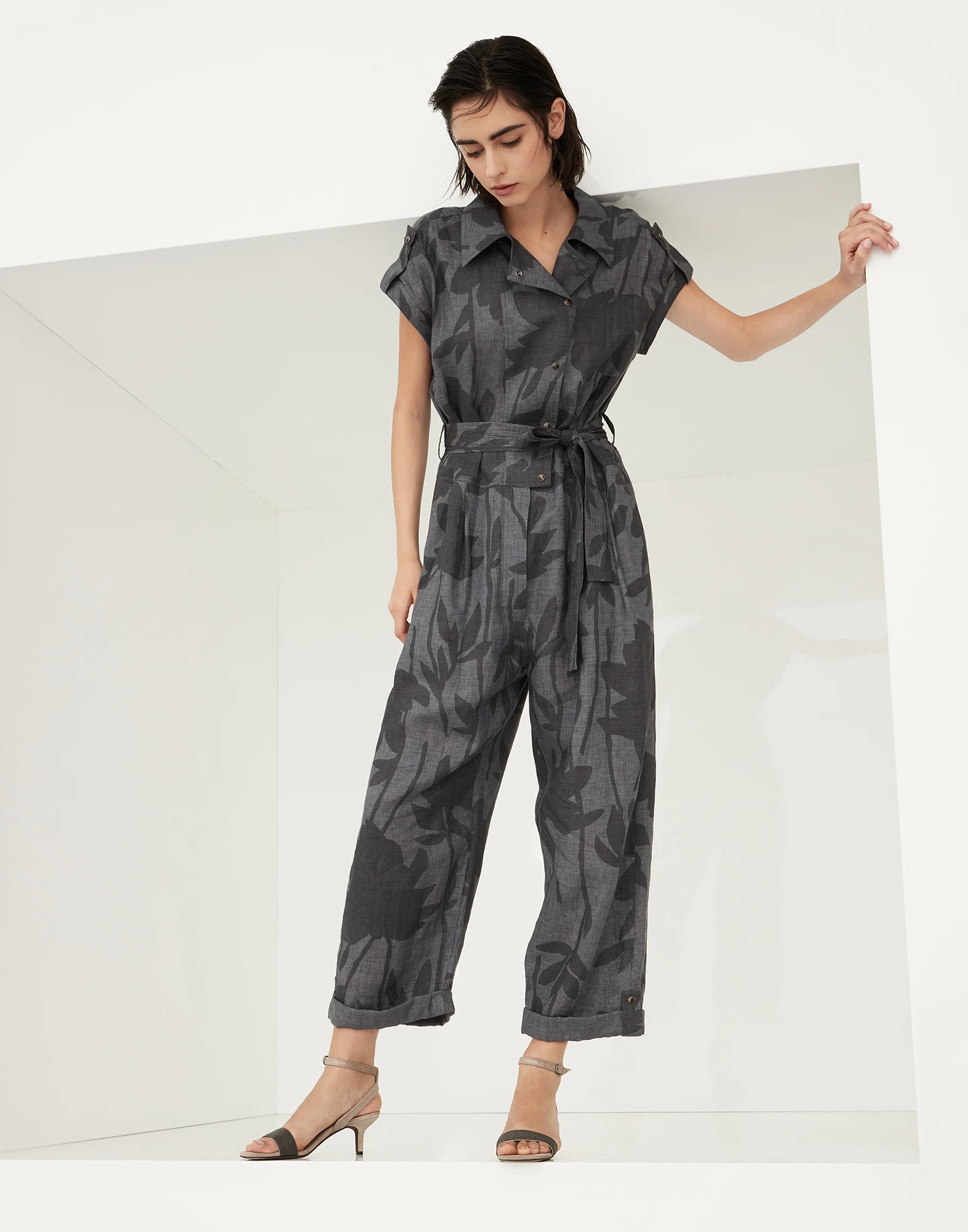 Ramage print lessive linen jumpsuit with belt and shiny details