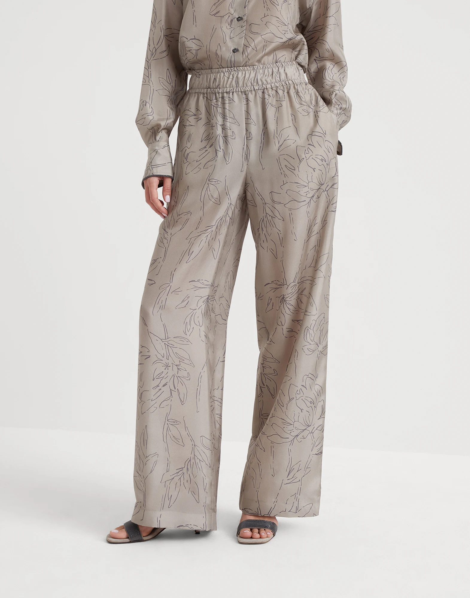 Silk ginkgo print pongee loose pyjama trousers