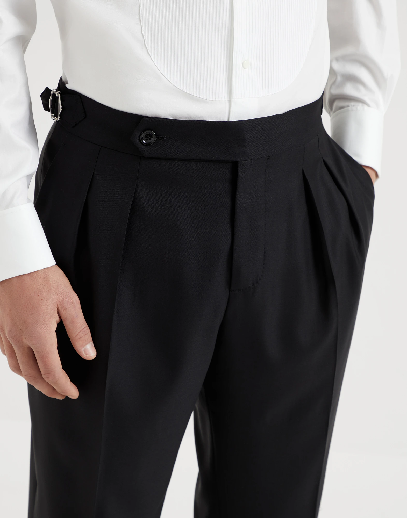 Virgin wool and silk lightweight twill tuxedo trousers with double pleats and tabbed waistband