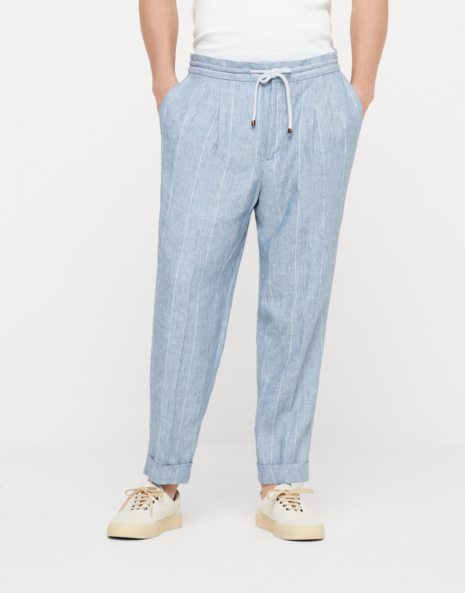 Linen wide chalk stripe leisure fit trousers with drawstring and double pleats