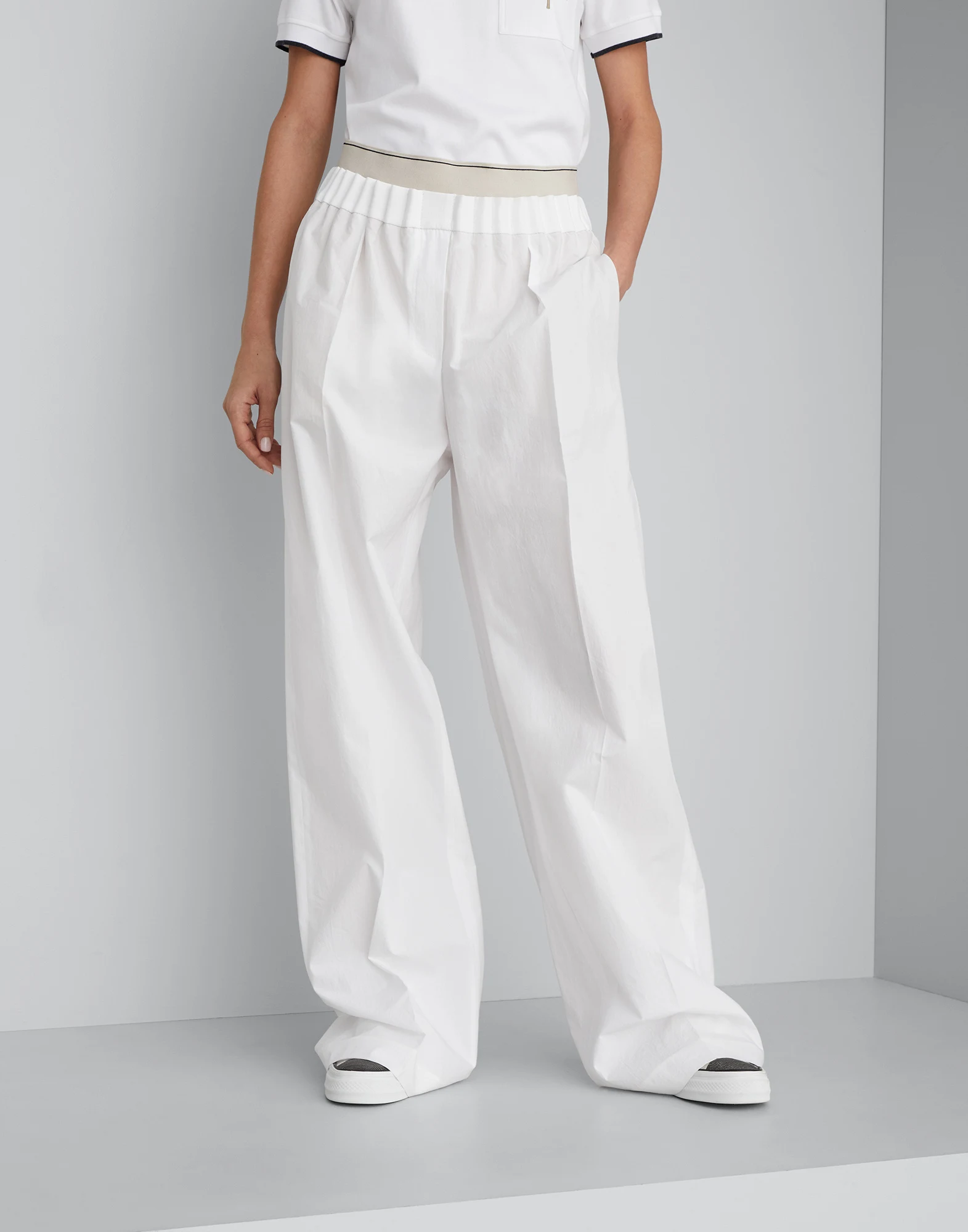 Lightweight wrinkled cotton poplin gathered waist loose trousers
