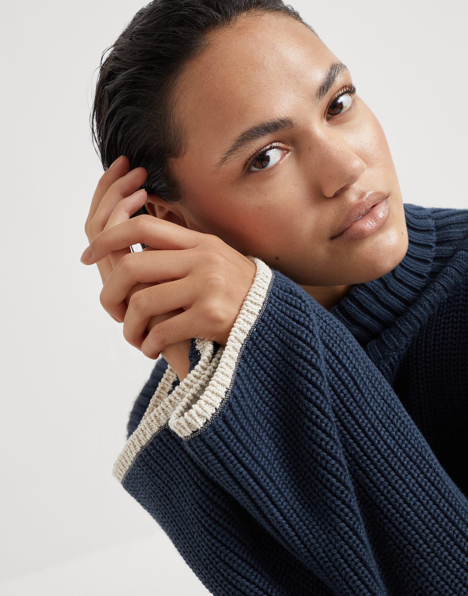 Cotton English rib turtleneck sweater with shiny contrast cuffs