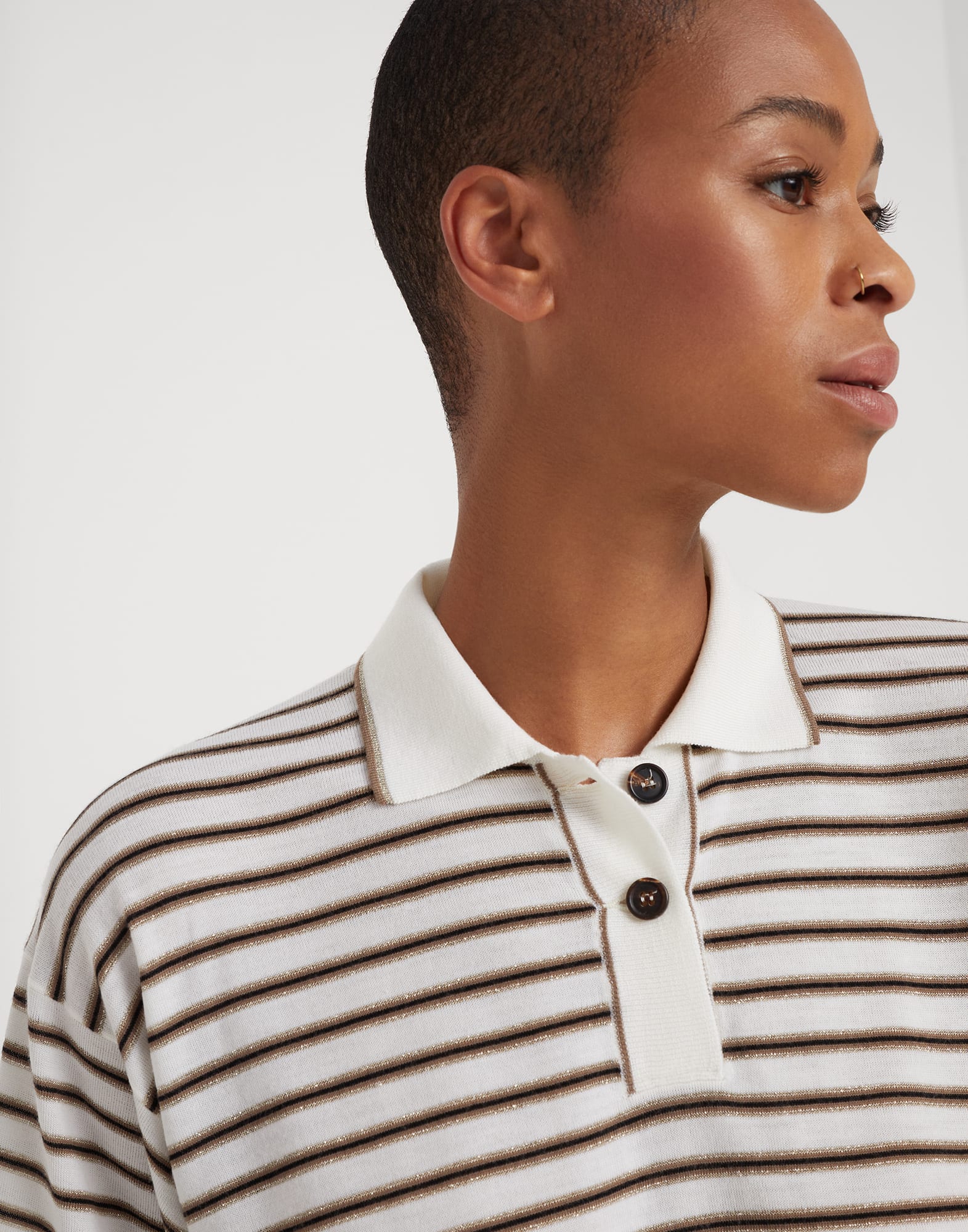 Sparkling stripe lightweight knit polo in virgin wool and cashmere