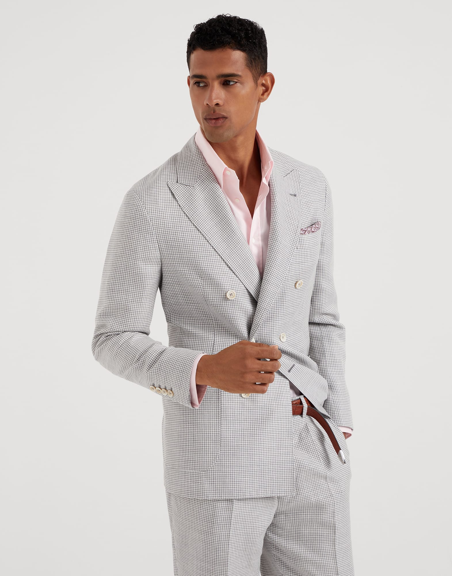 Wool, linen and silk houndstooth one-and-a-half breasted deconstructed blazer with patch pockets