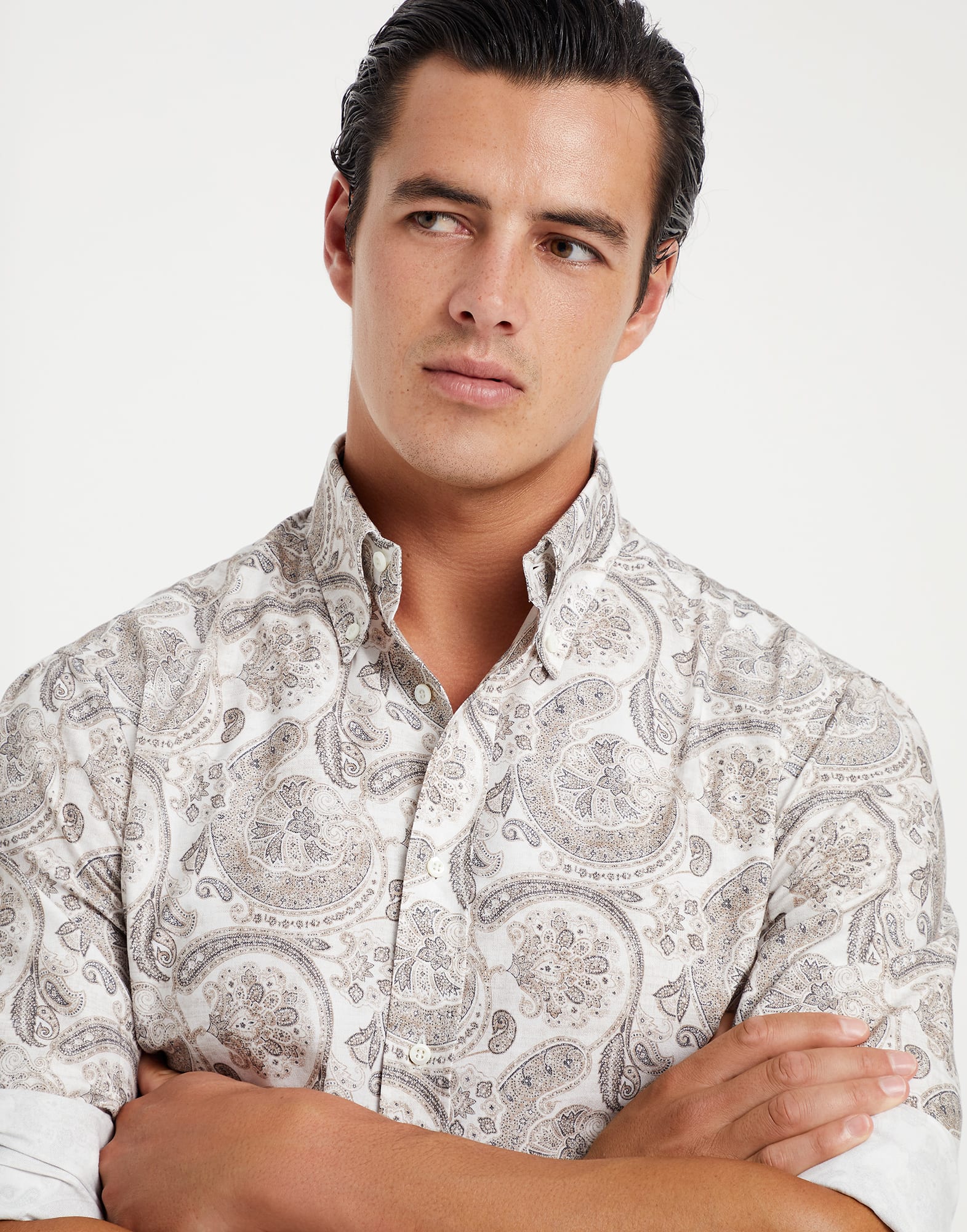 Paisley cotton slim fit shirt with button-down collar