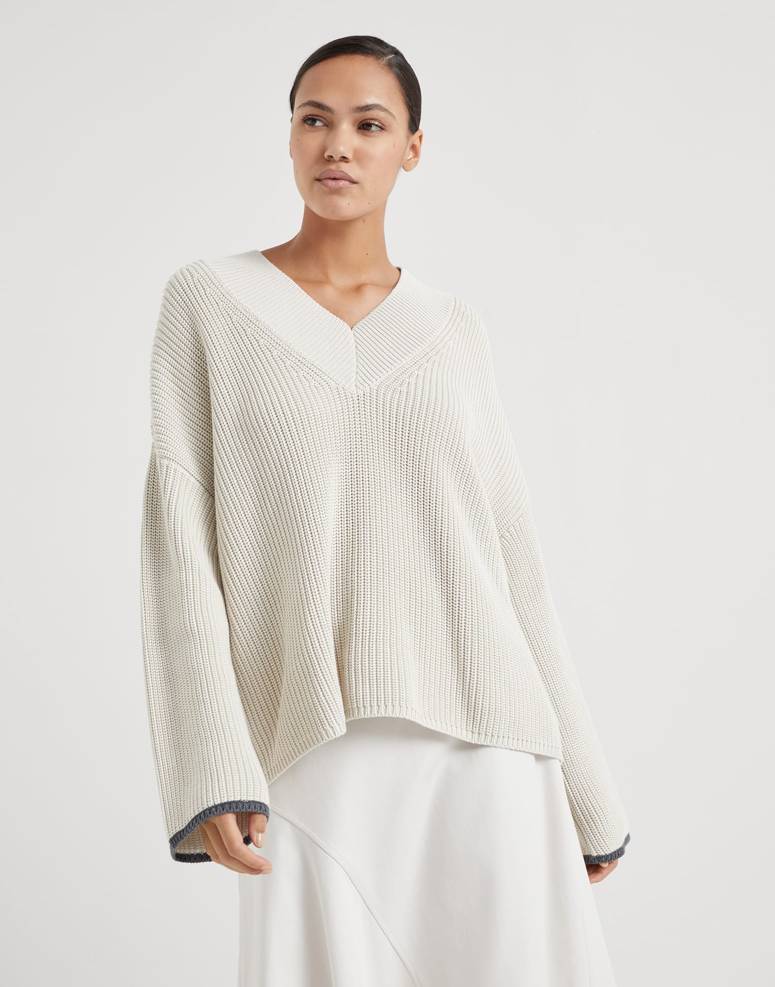 Cotton English rib sweater with shiny contrast cuffs