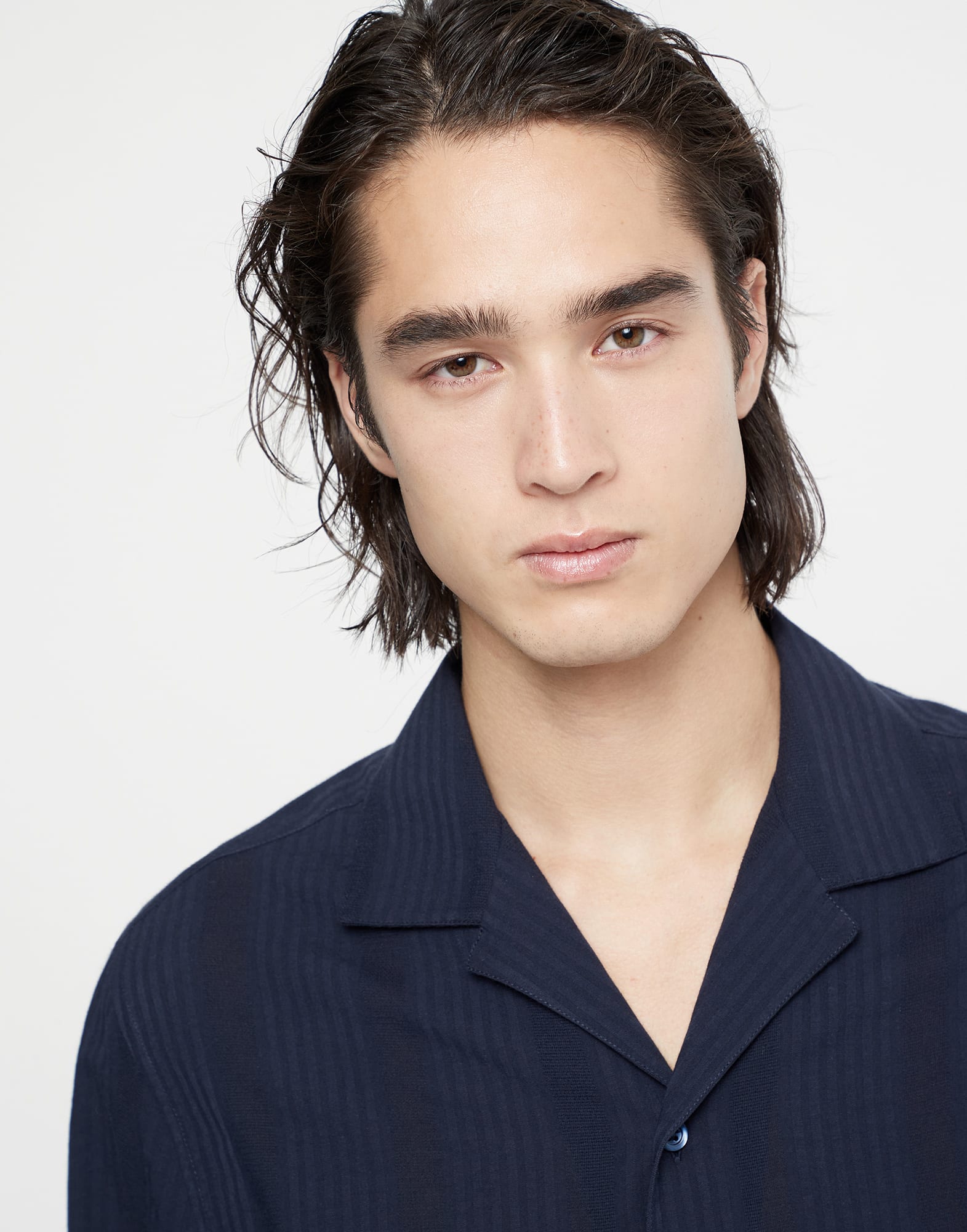 Textured stripe poplin easy fit shirt with camp collar