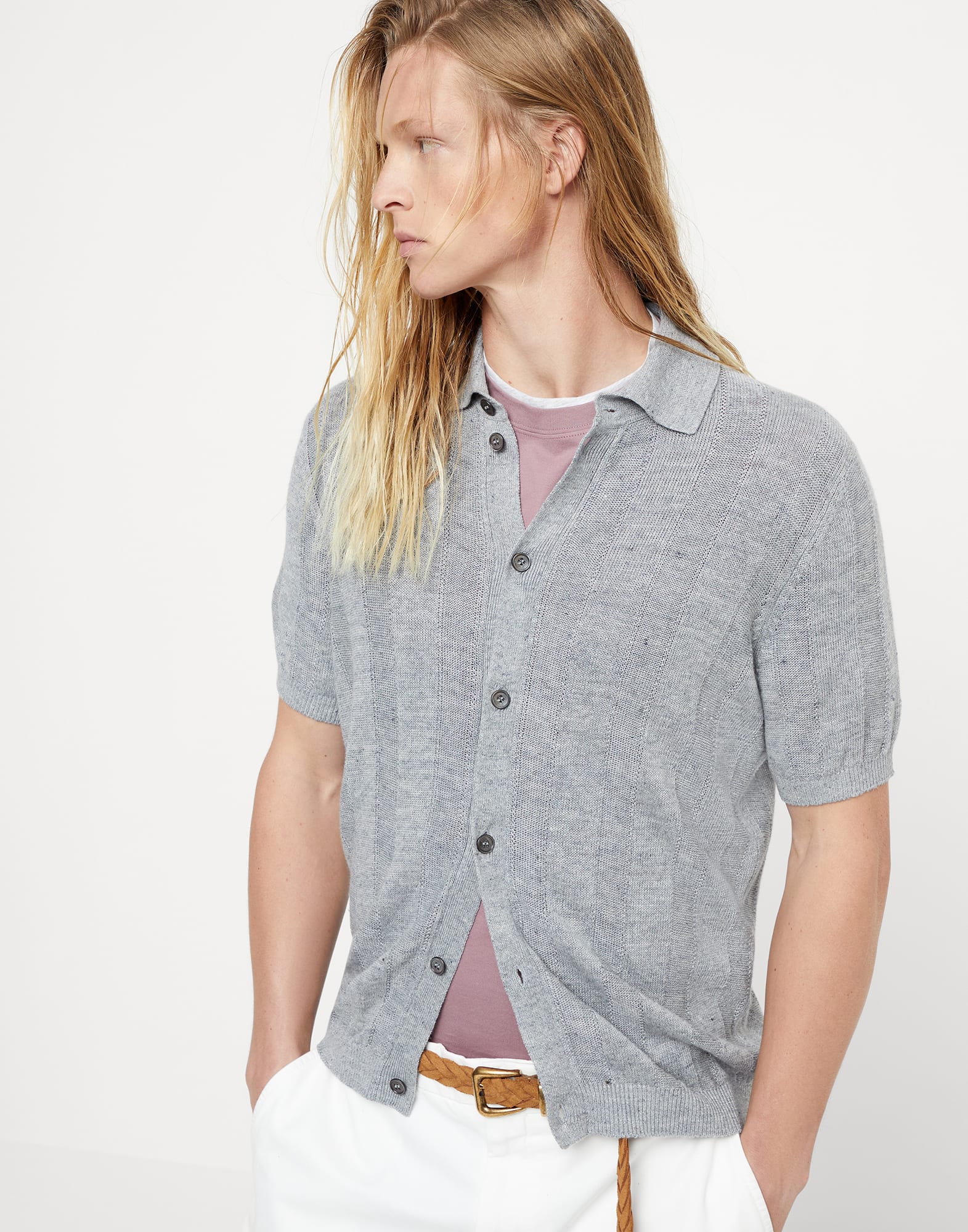 Linen and cotton textured rib short sleeve knit shirt