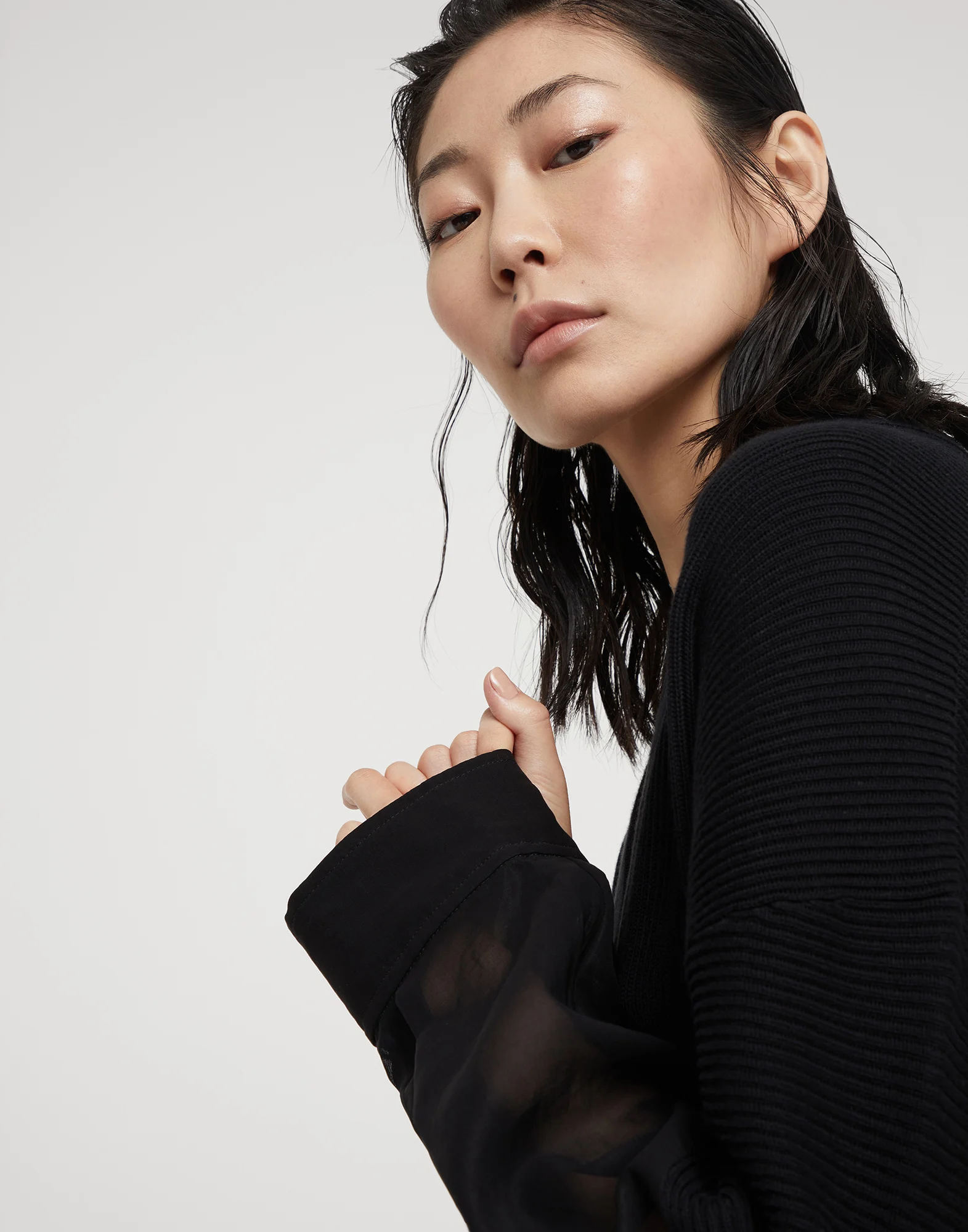 Cotton English rib knit cardigan with organza sleeves