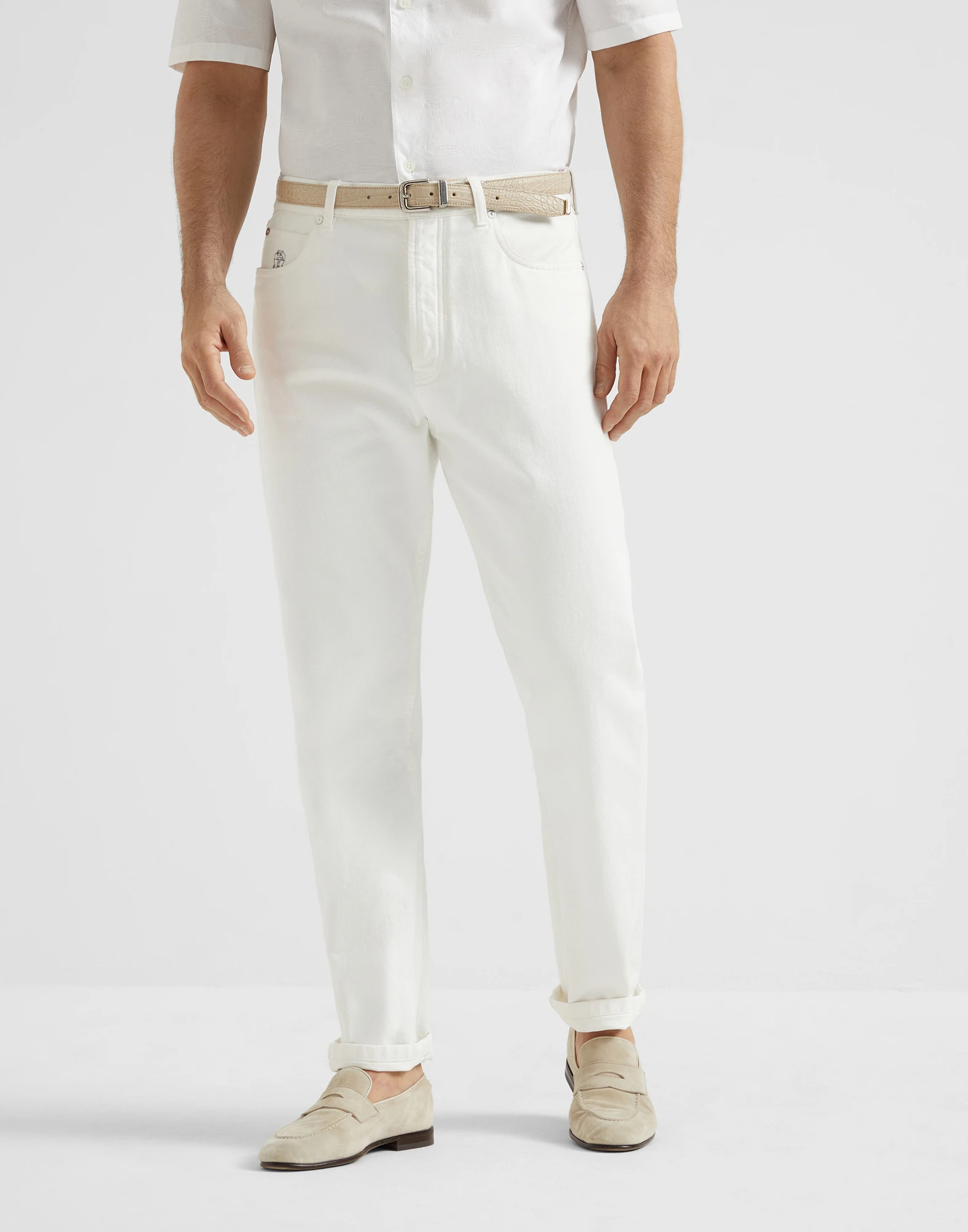 Garment-dyed denim trousers
