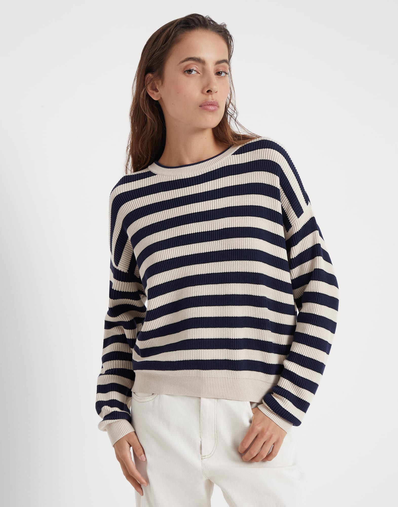 Striped cotton English rib sweater with monili