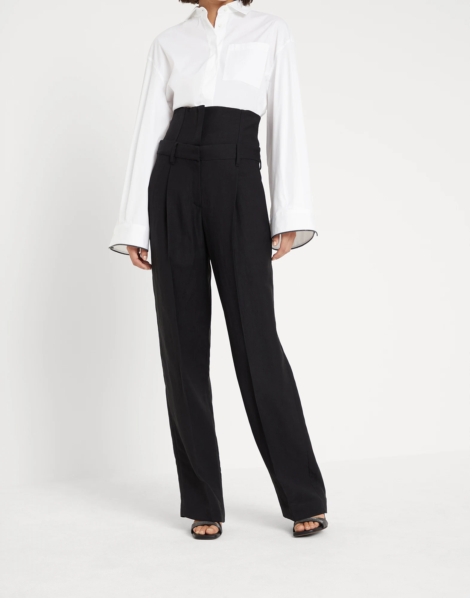 Viscose and linen fluid twill loose straight trousers with removable corset waistband and monili