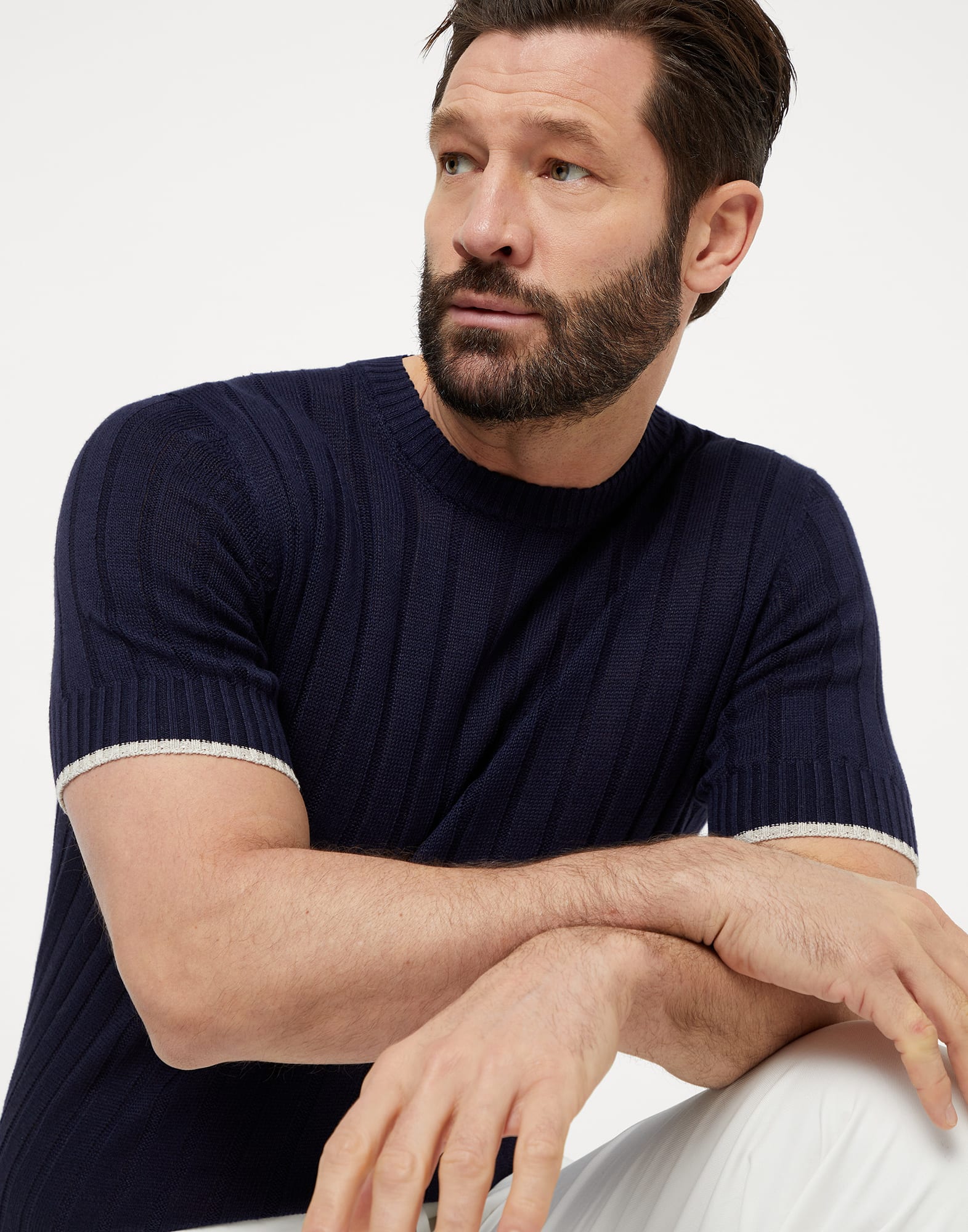 Linen and cotton flat rib knit T-shirt