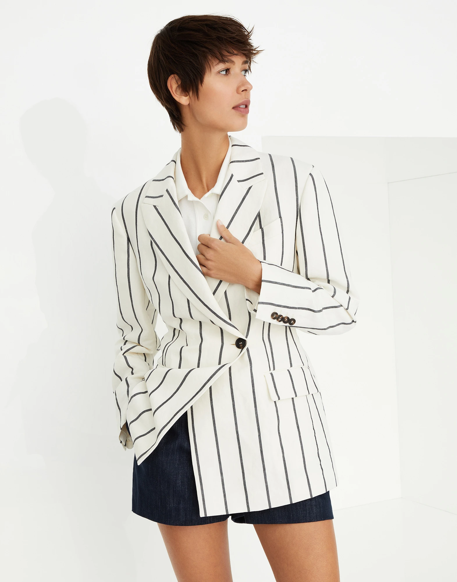 Striped linen and cotton blazer with monili