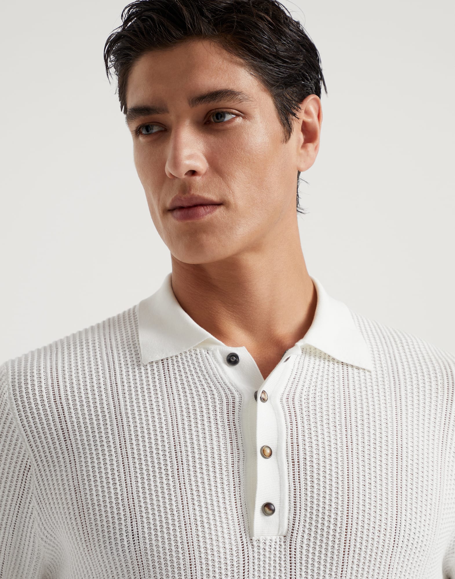 Cotton textured rib knit polo with long sleeves