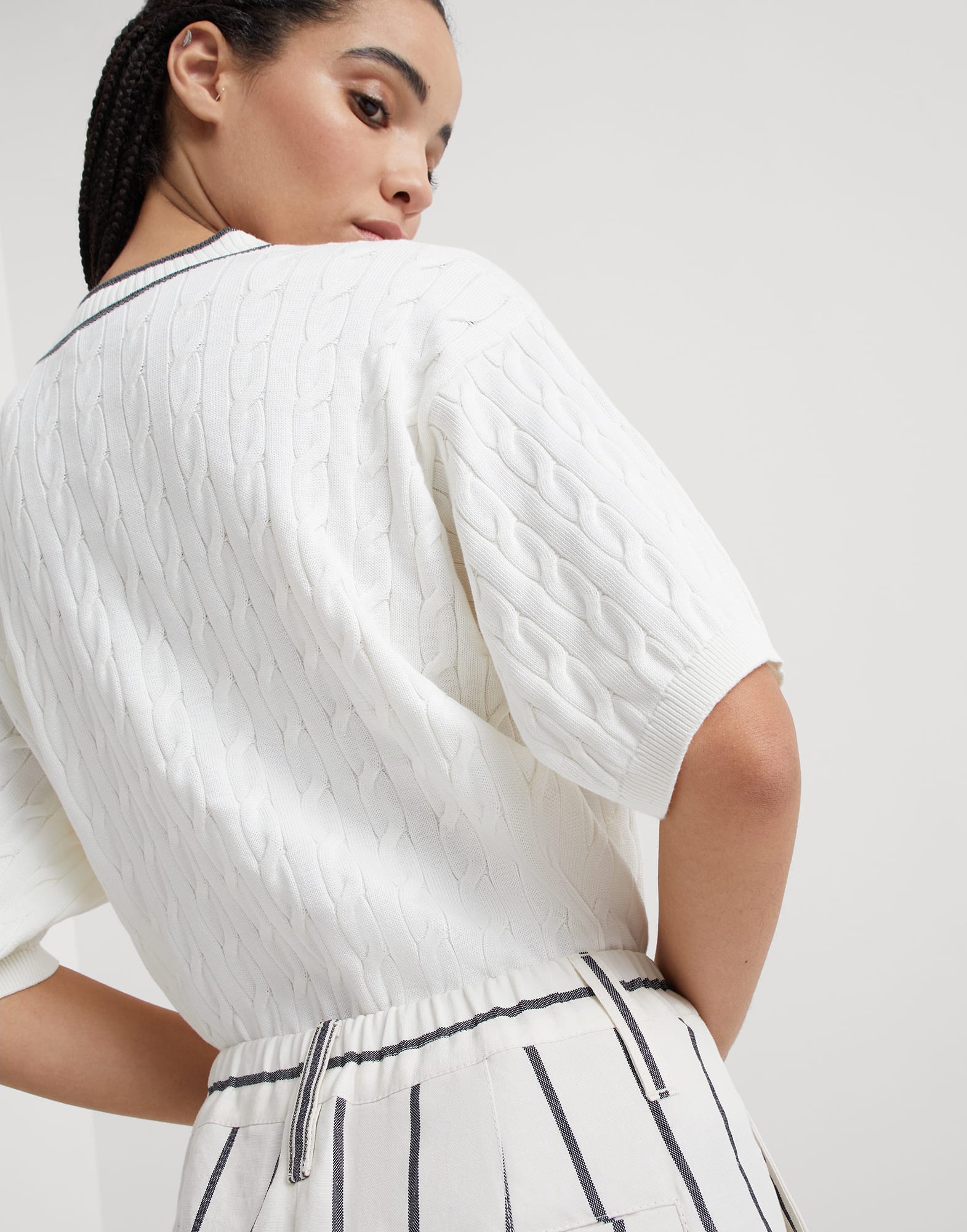Striped linen and cotton baggy cargo trousers with monili