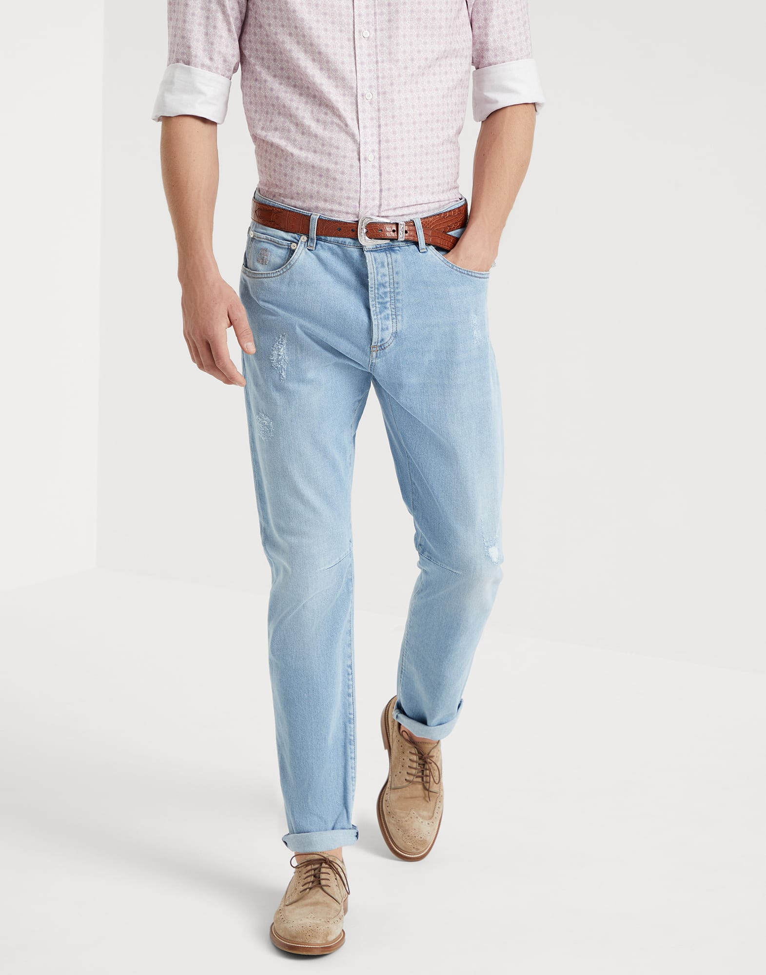 Comfort cotton denim leisure fit five-pocket trousers with rips