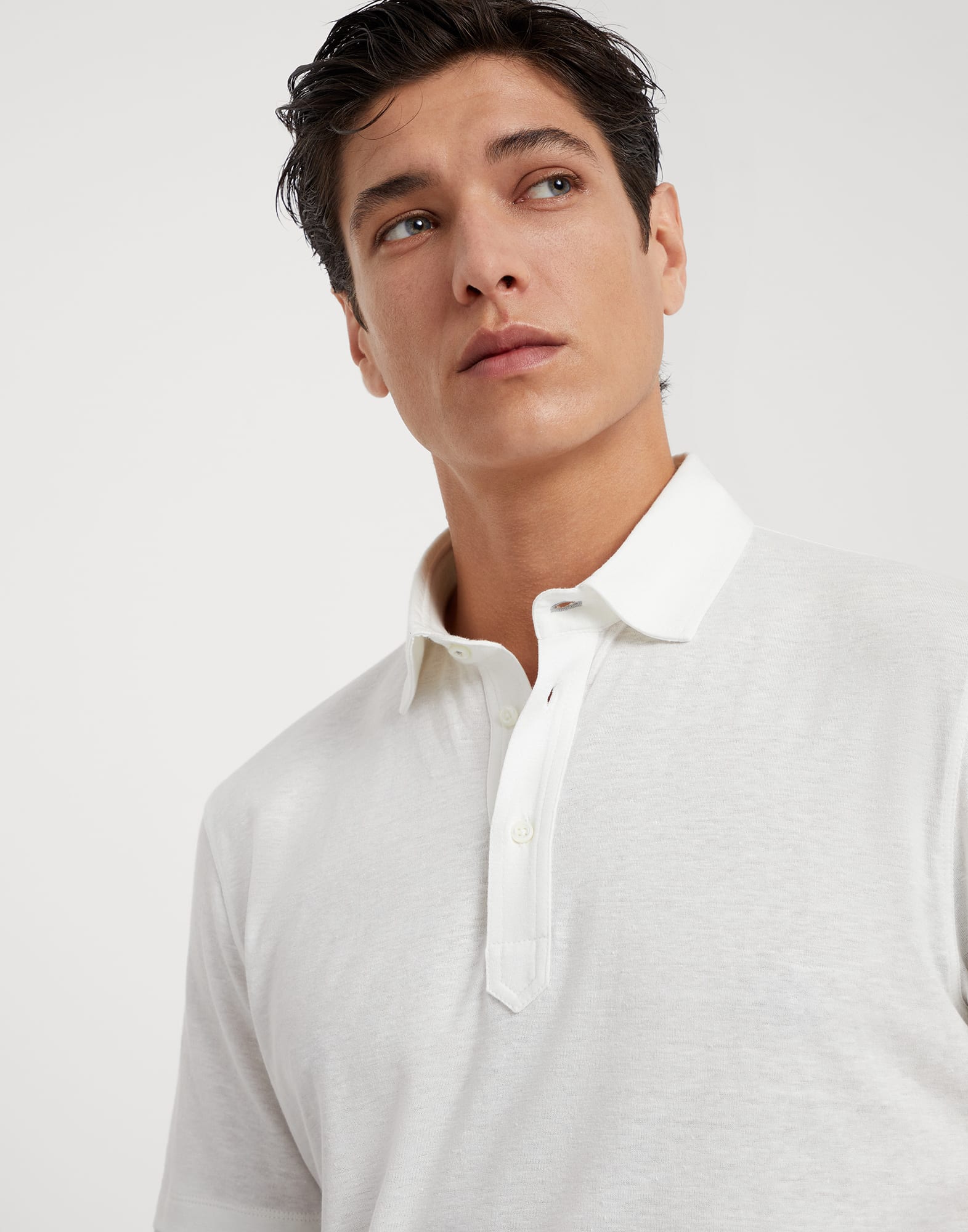 Linen and cotton jersey shirt-style collar polo with faux-layering