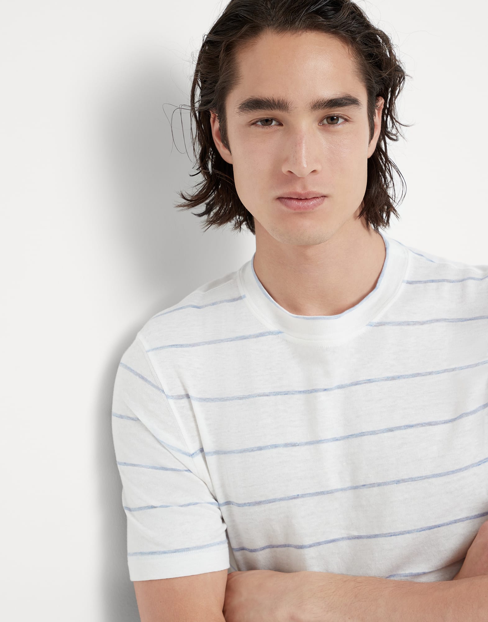 Linen and cotton striped jersey crew neck T-shirt
