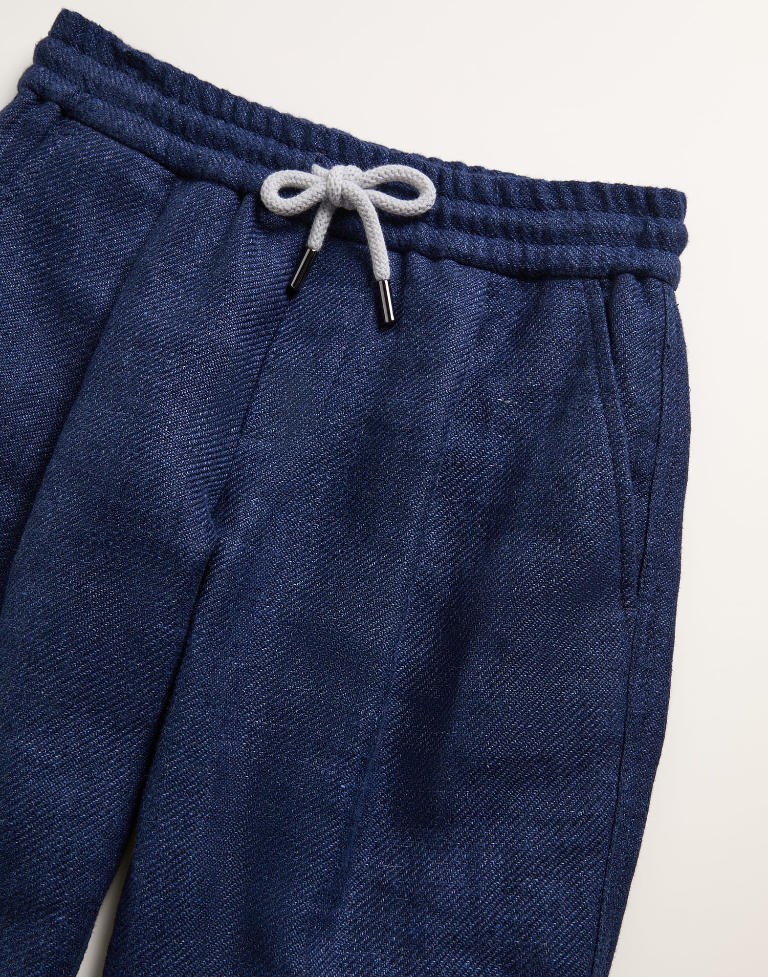 Linen, wool and silk diagonal trousers with drawstring and pleat