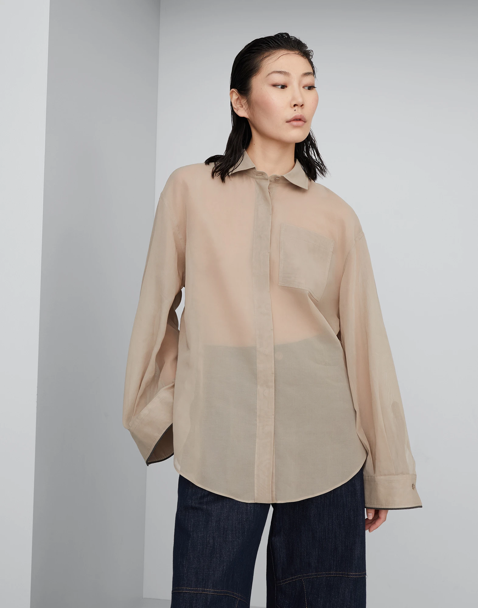 Cotton organza shirt with shiny cuffs