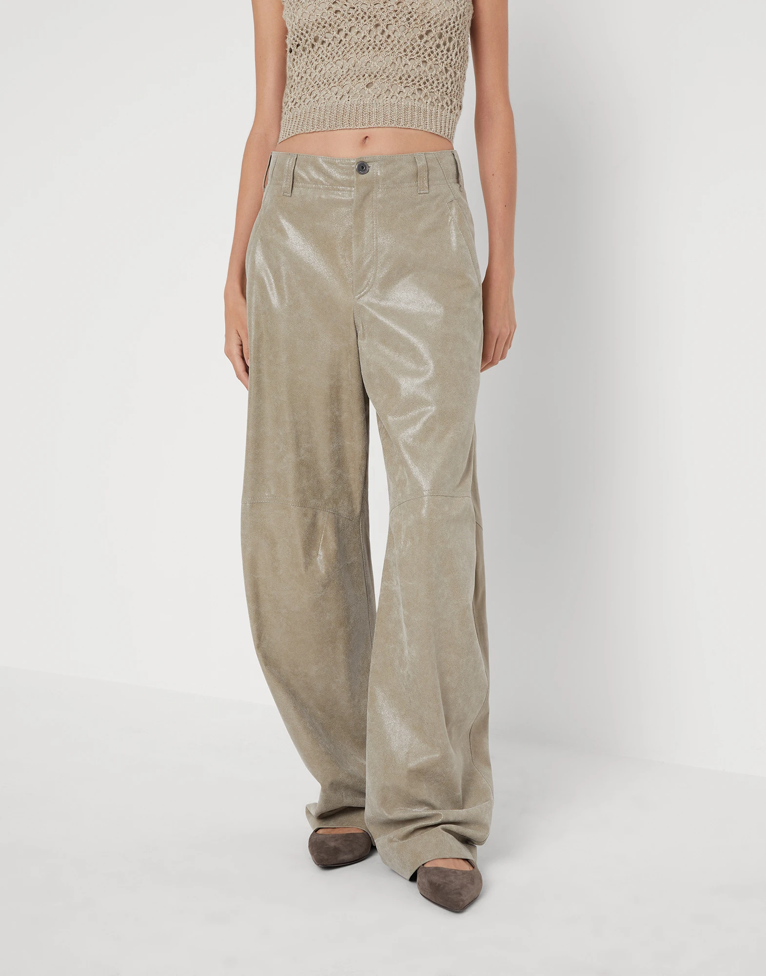 Wet-effect leather curved loose trousers