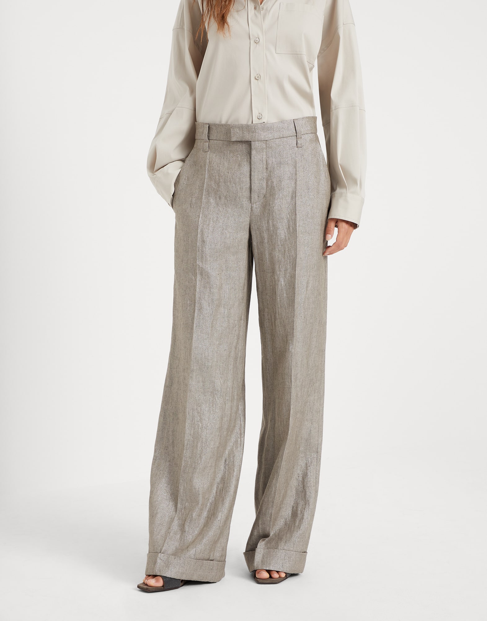 Sparkling linen twill loose flared trousers with monili