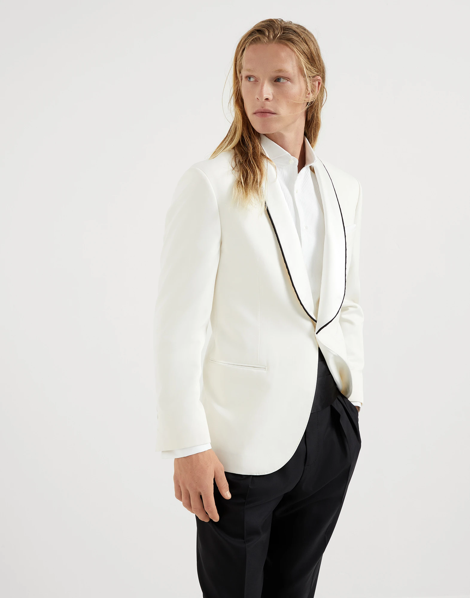Delave silk twill tuxedo jacket with shawl lapels and piping