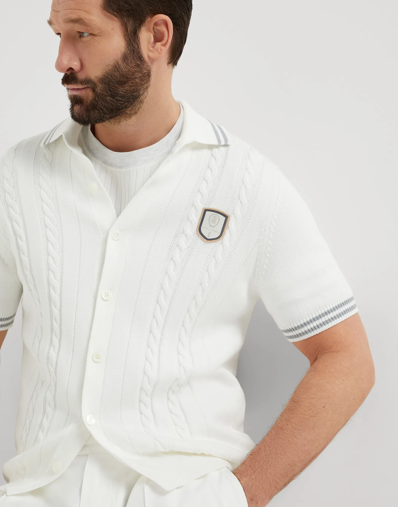 Cotton cable short sleeve knit shirt with tennis badge