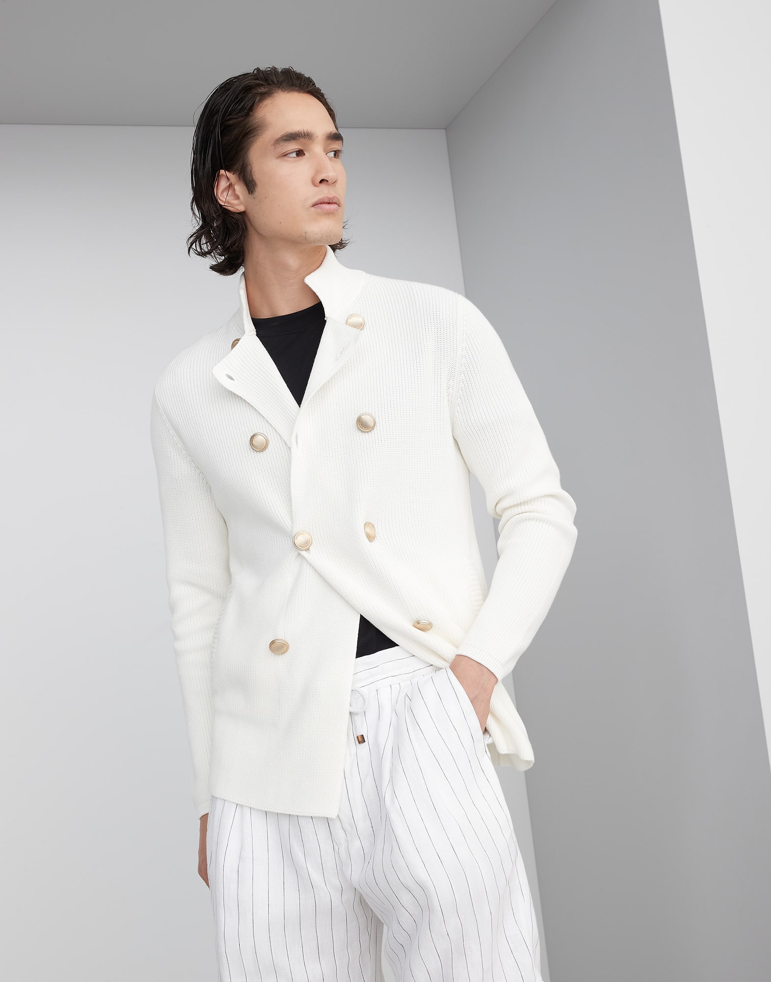 Garza cotton half English rib double-breasted cardigan with metal buttons