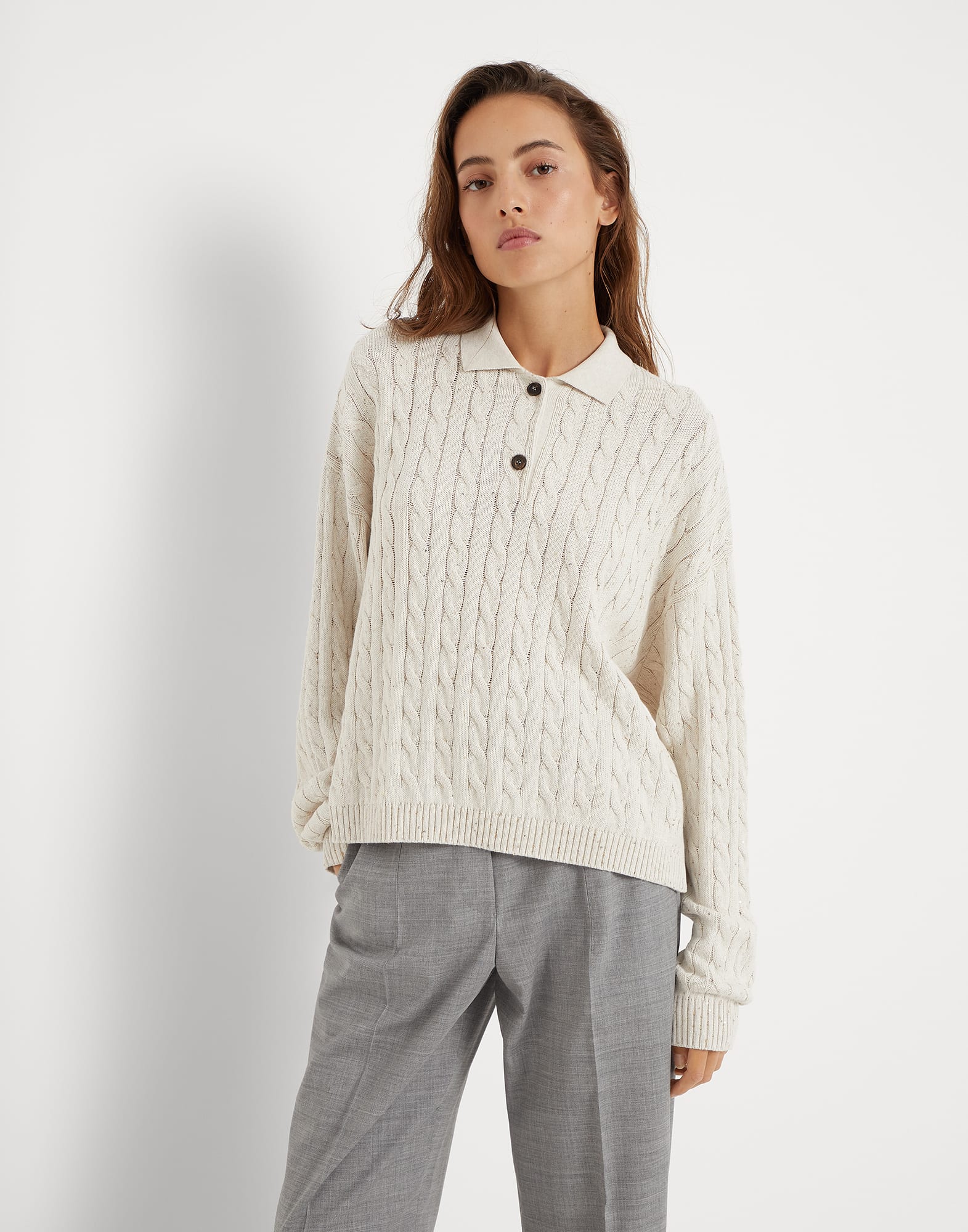 Cotton dazzling cables polo-style sweater
