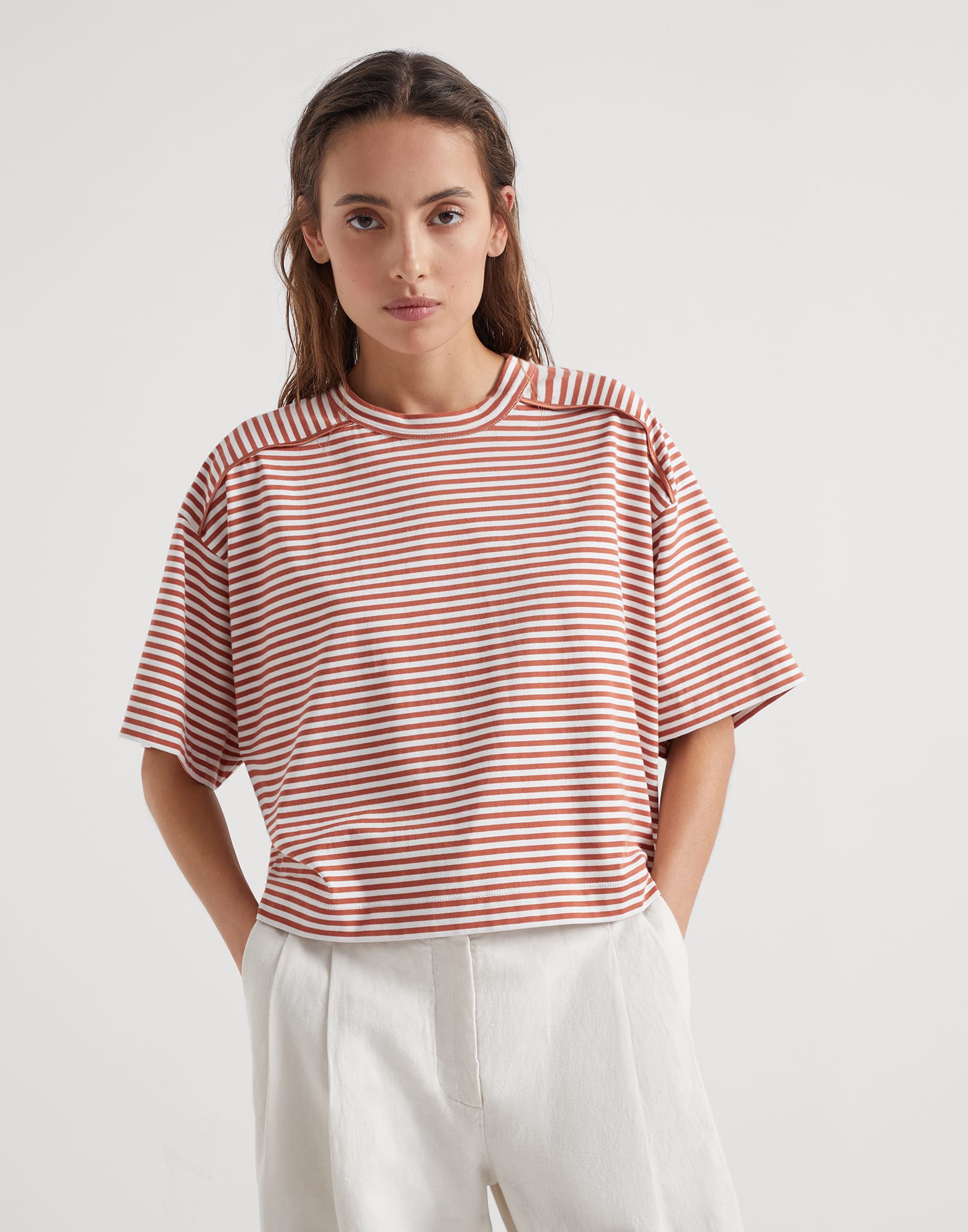 Cotton striped jersey t-shirt with monili