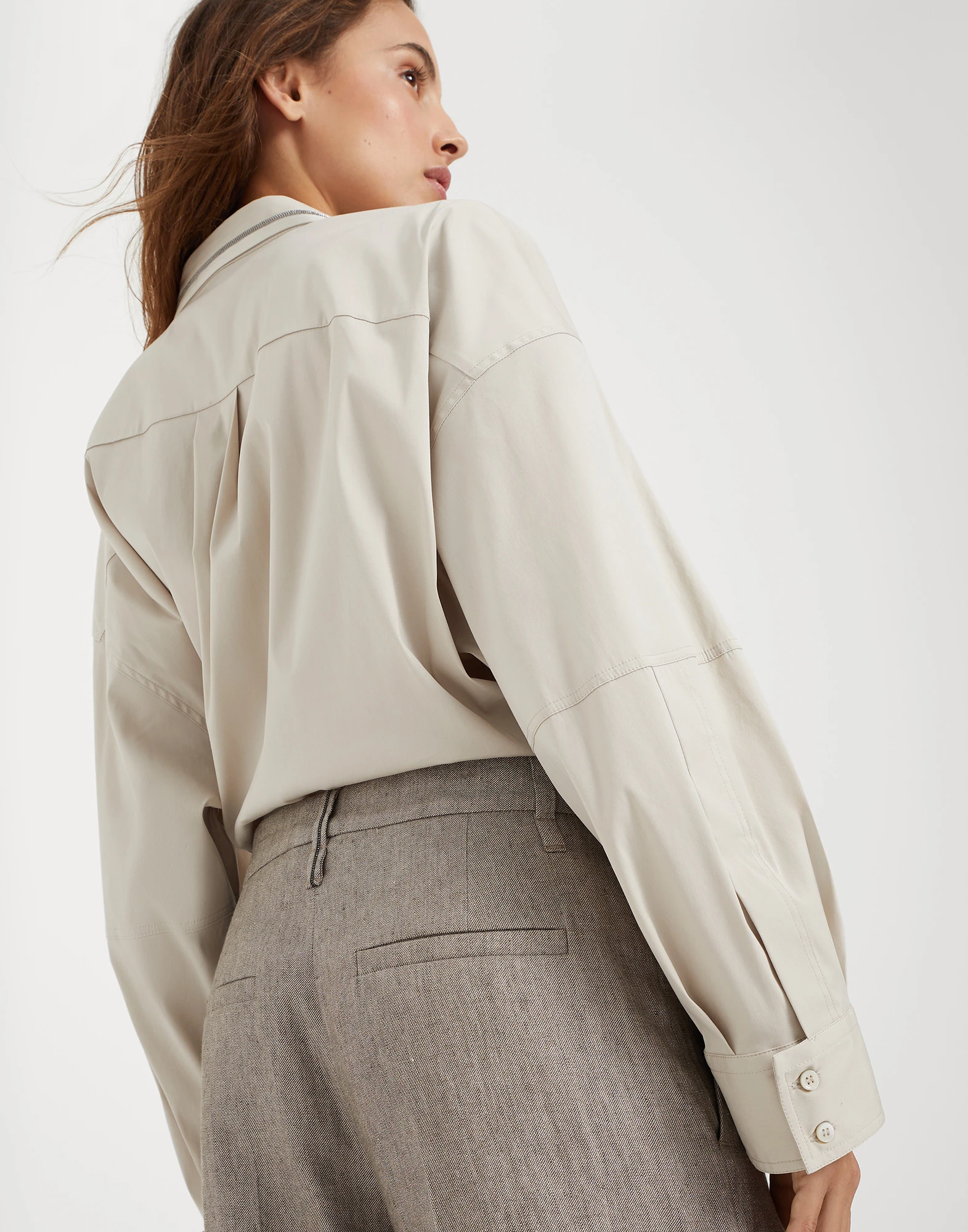 Sparkling linen twill loose flared trousers with monili