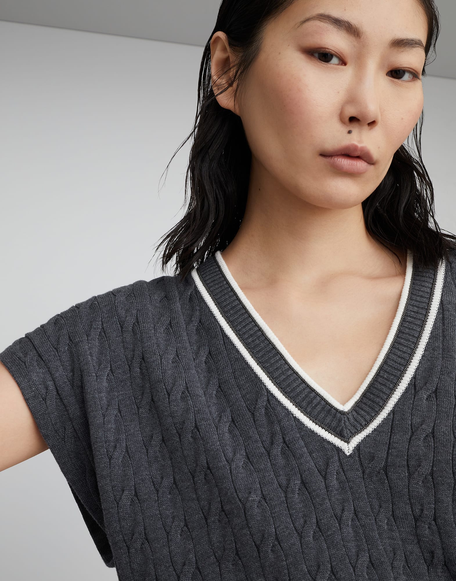 Cotton cable knit sweater with shiny contrast trims