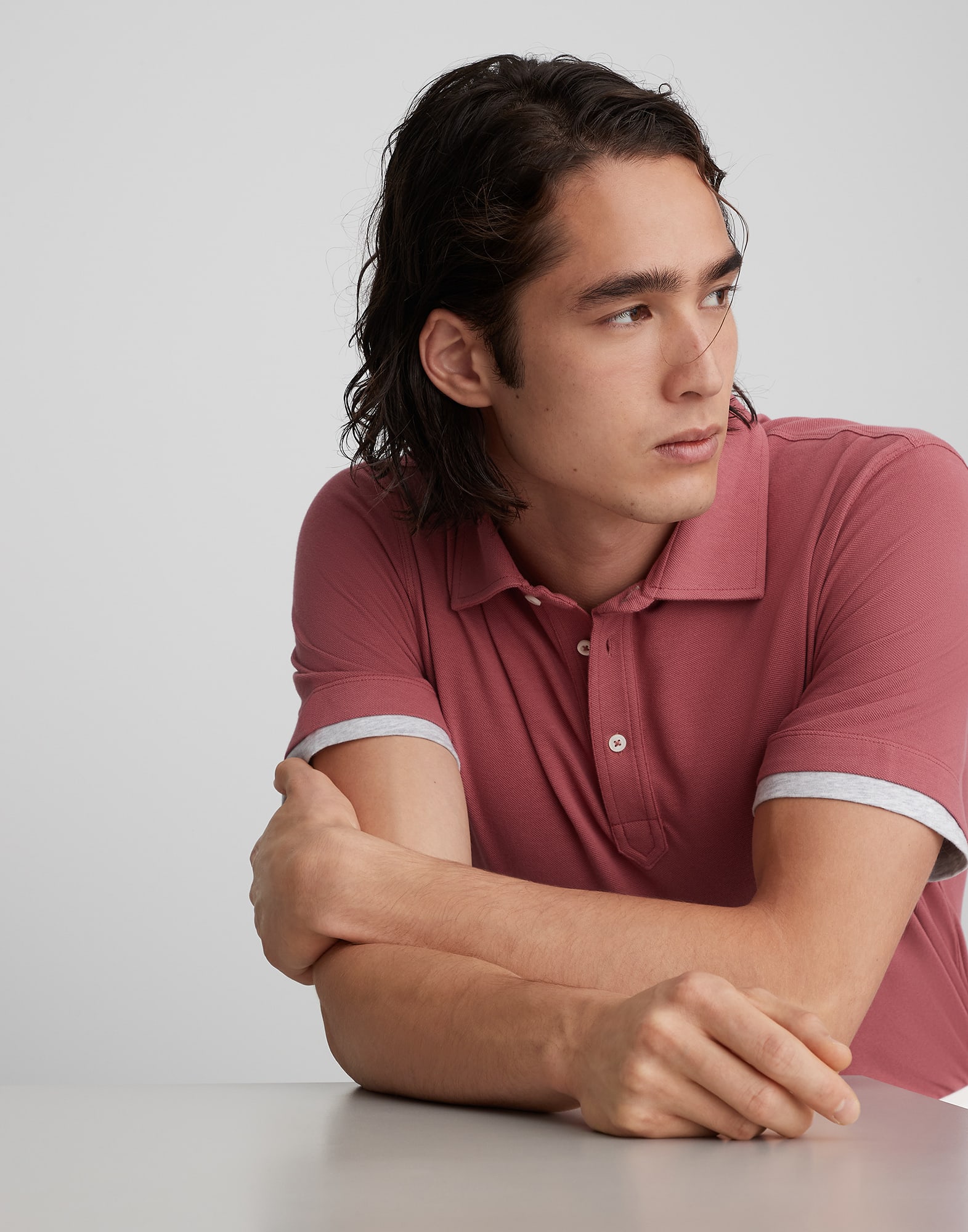 Cotton pique shirt-style collar polo with faux-layering
