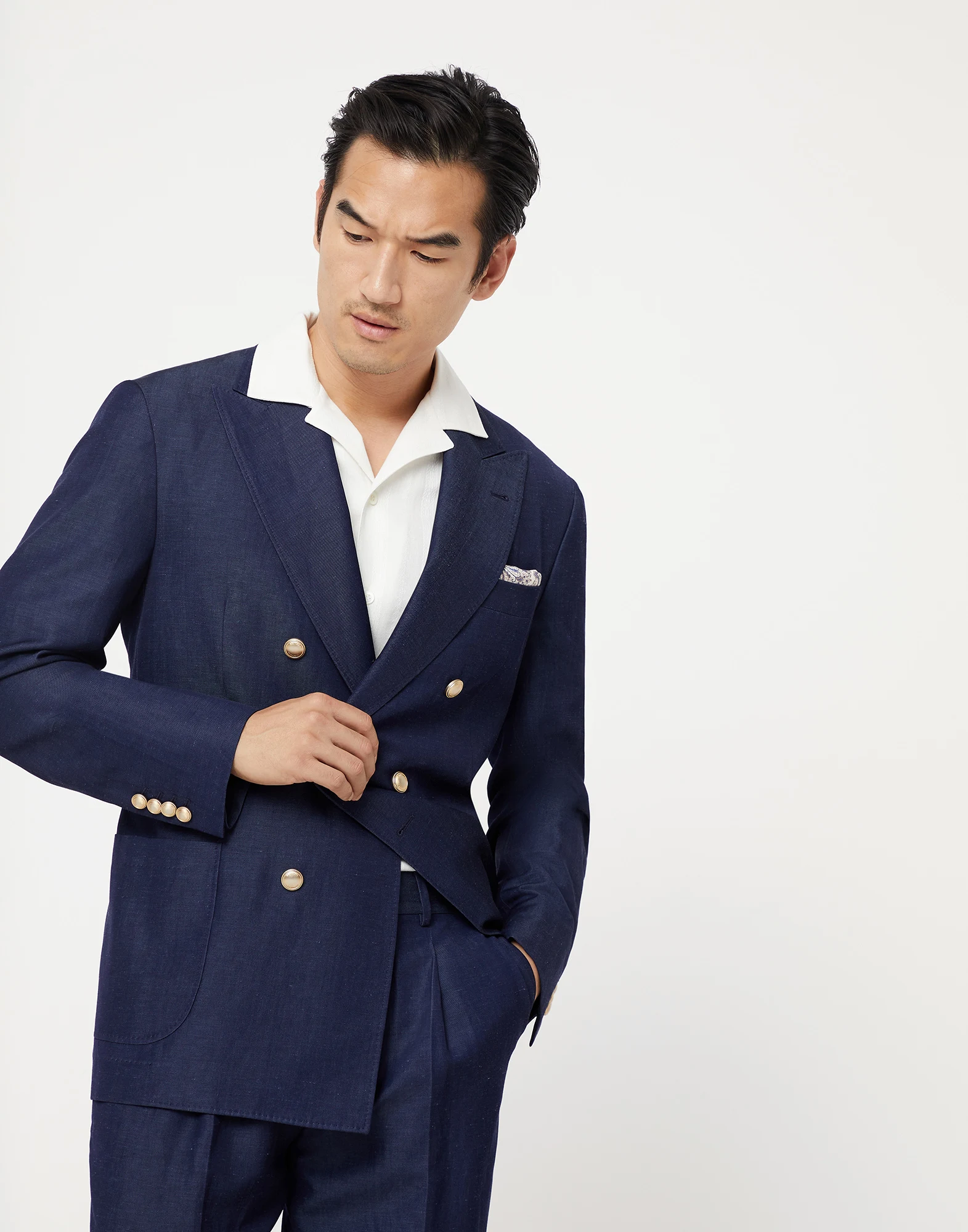 Wool and linen denim-effect twill one-and-a-half breasted blazer with patch pockets and metal buttons