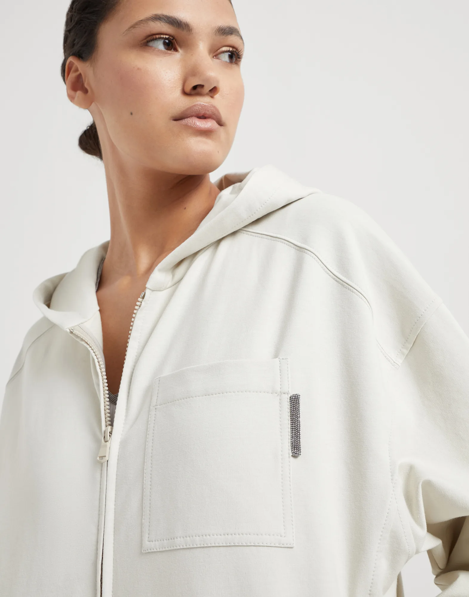 Stretch cotton lightweight French terry hooded sweatshirt with shiny tab