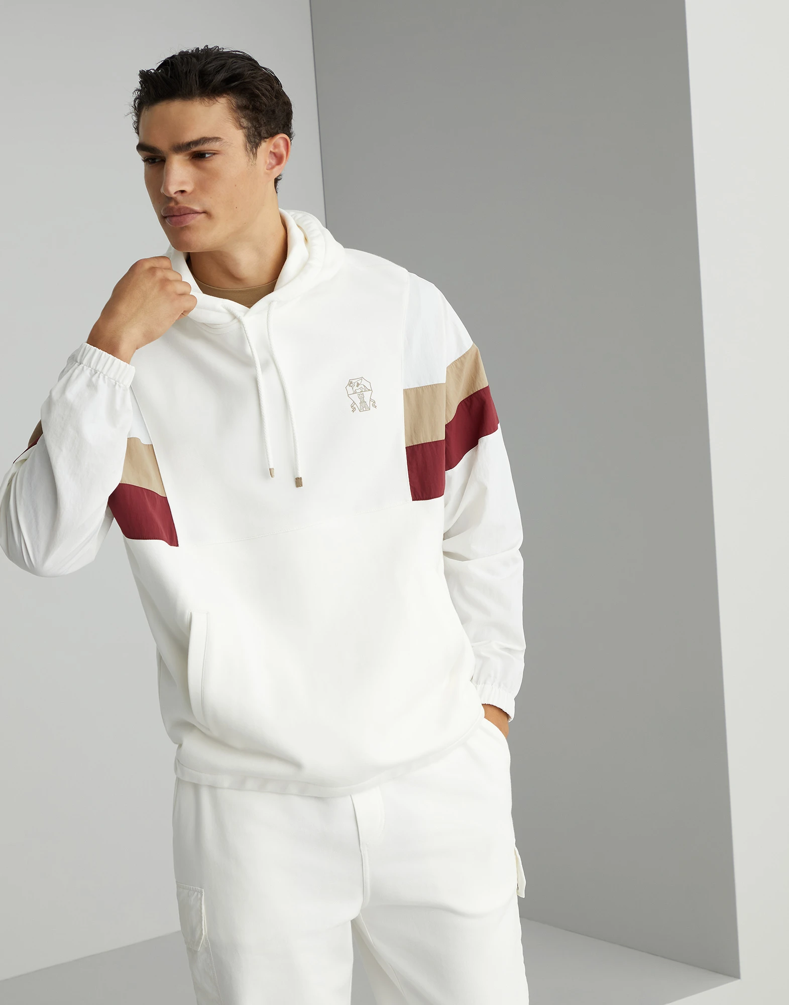 Techno cotton French terry hooded sweatshirt with nylon sleeves