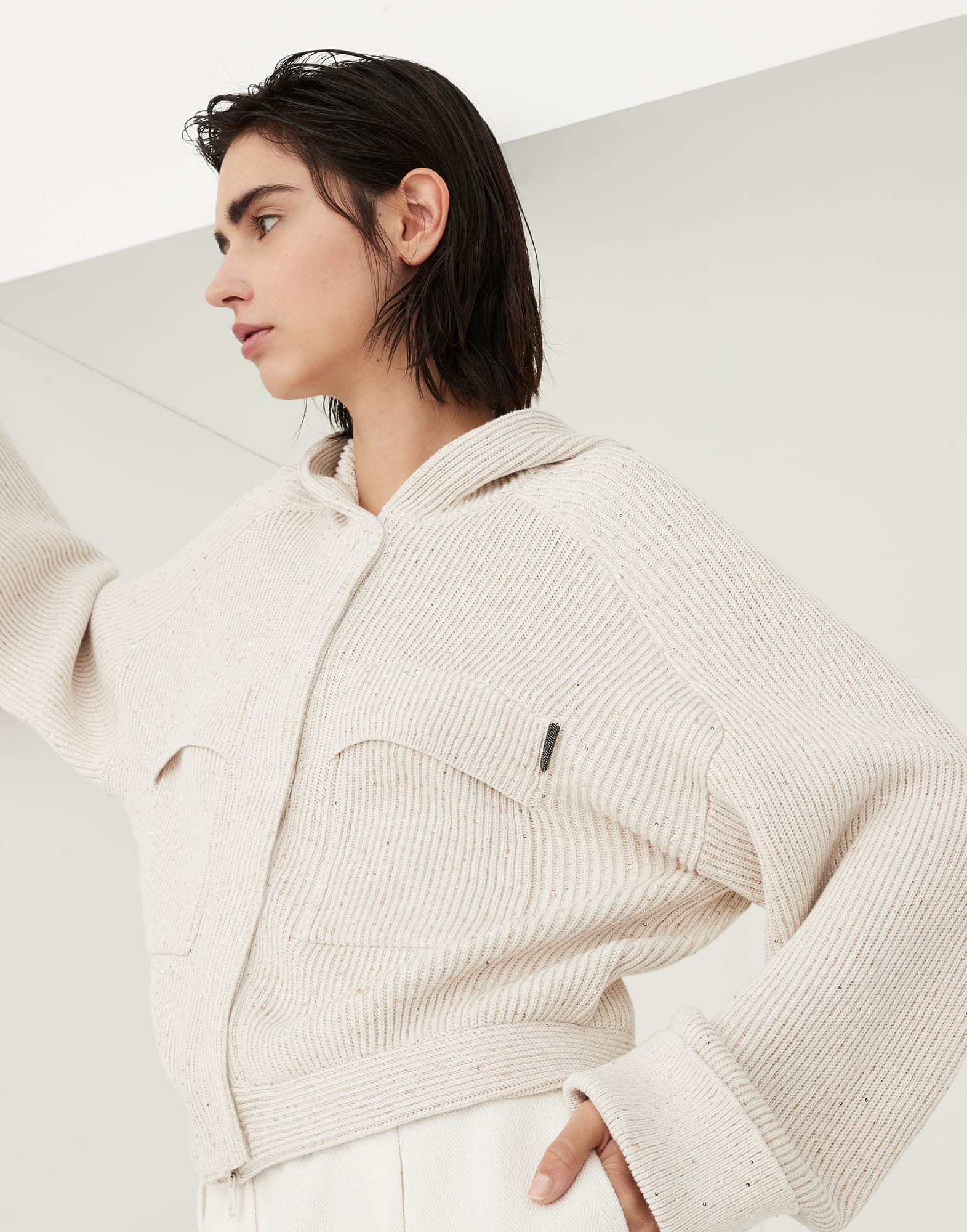 Cotton diamond yarn English rib hooded cardigan with shiny tab