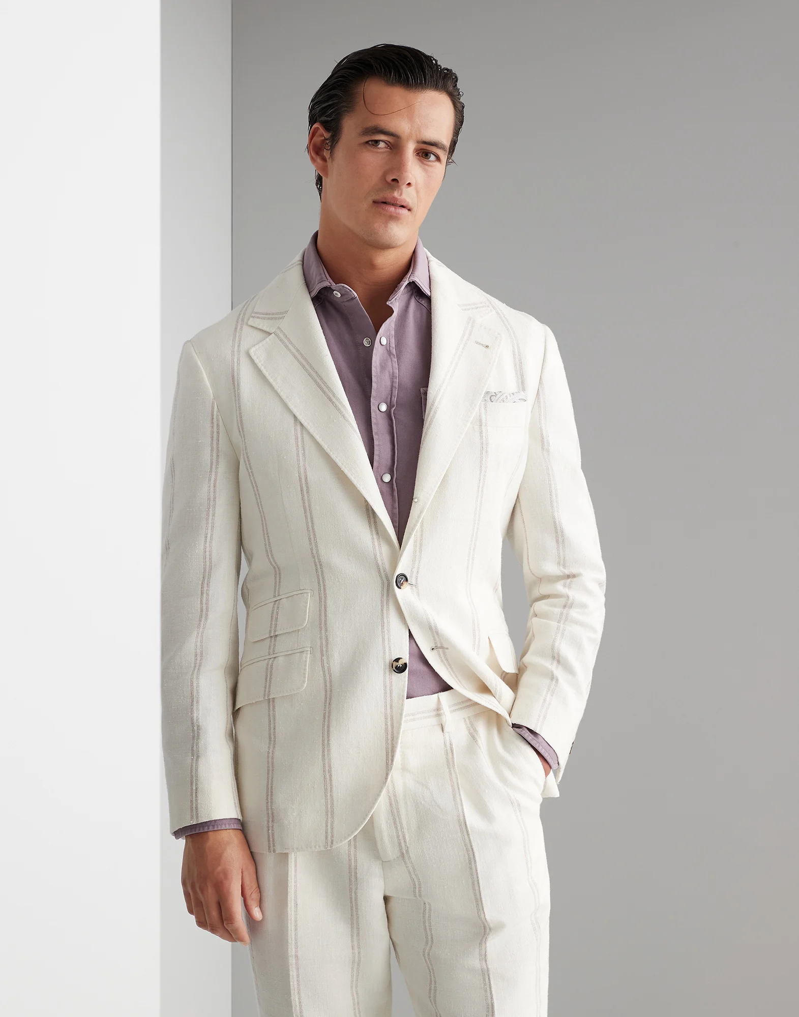 Linen, wool and silk double chalk stripe deconstructed Cavallo blazer