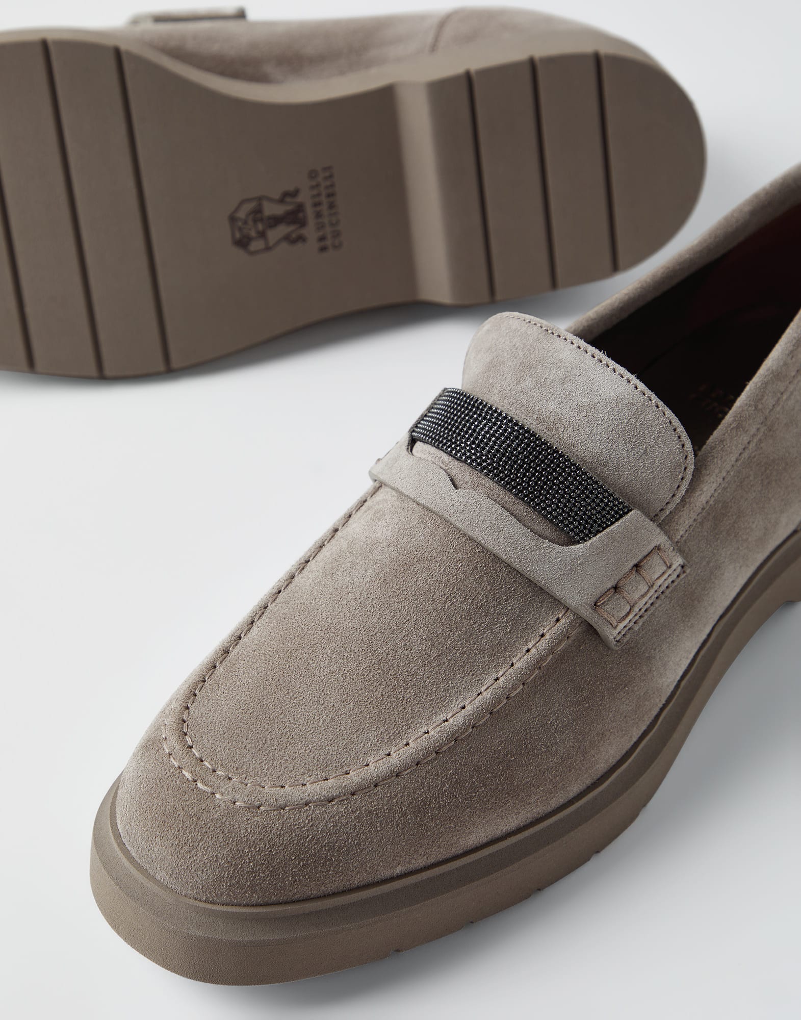 Suede penny loafer with monili