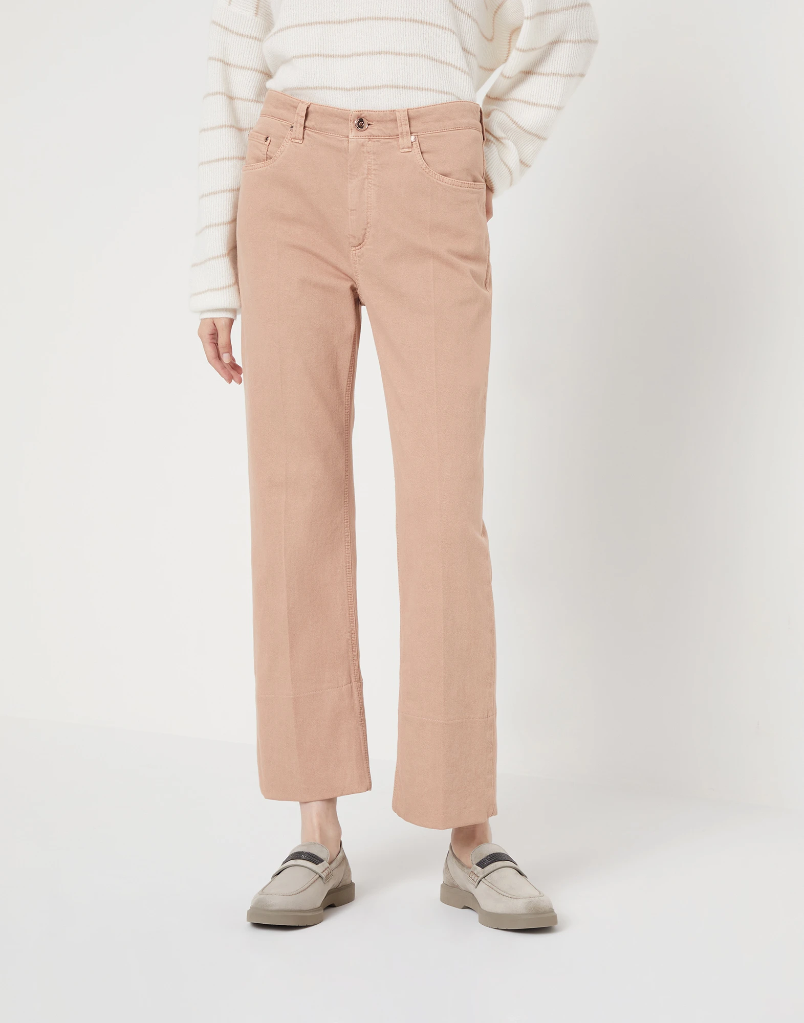 Garment-dyed kick flare trousers in comfort soft denim with shiny tab