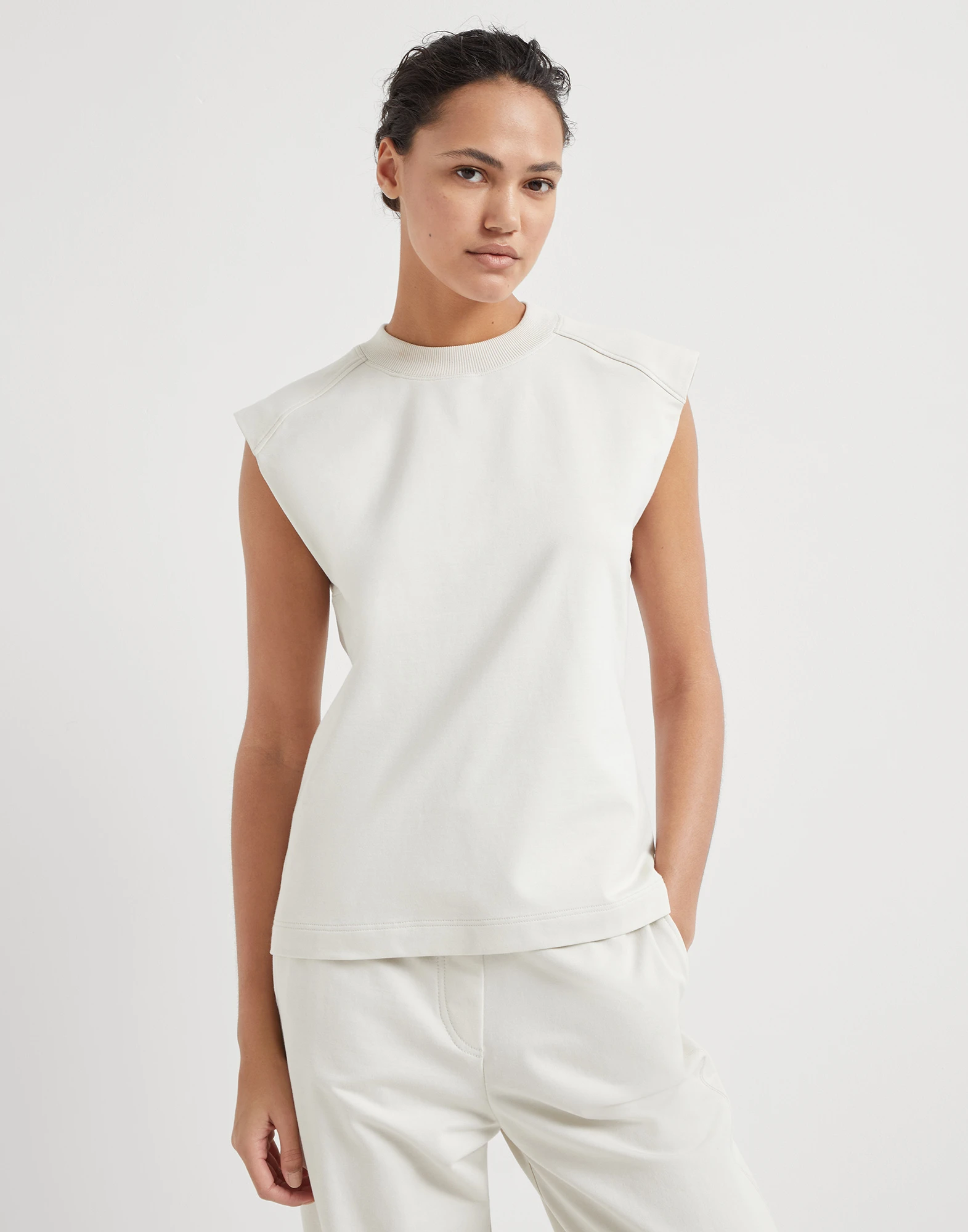 Stretch cotton lightweight French terry T-shirt with monili