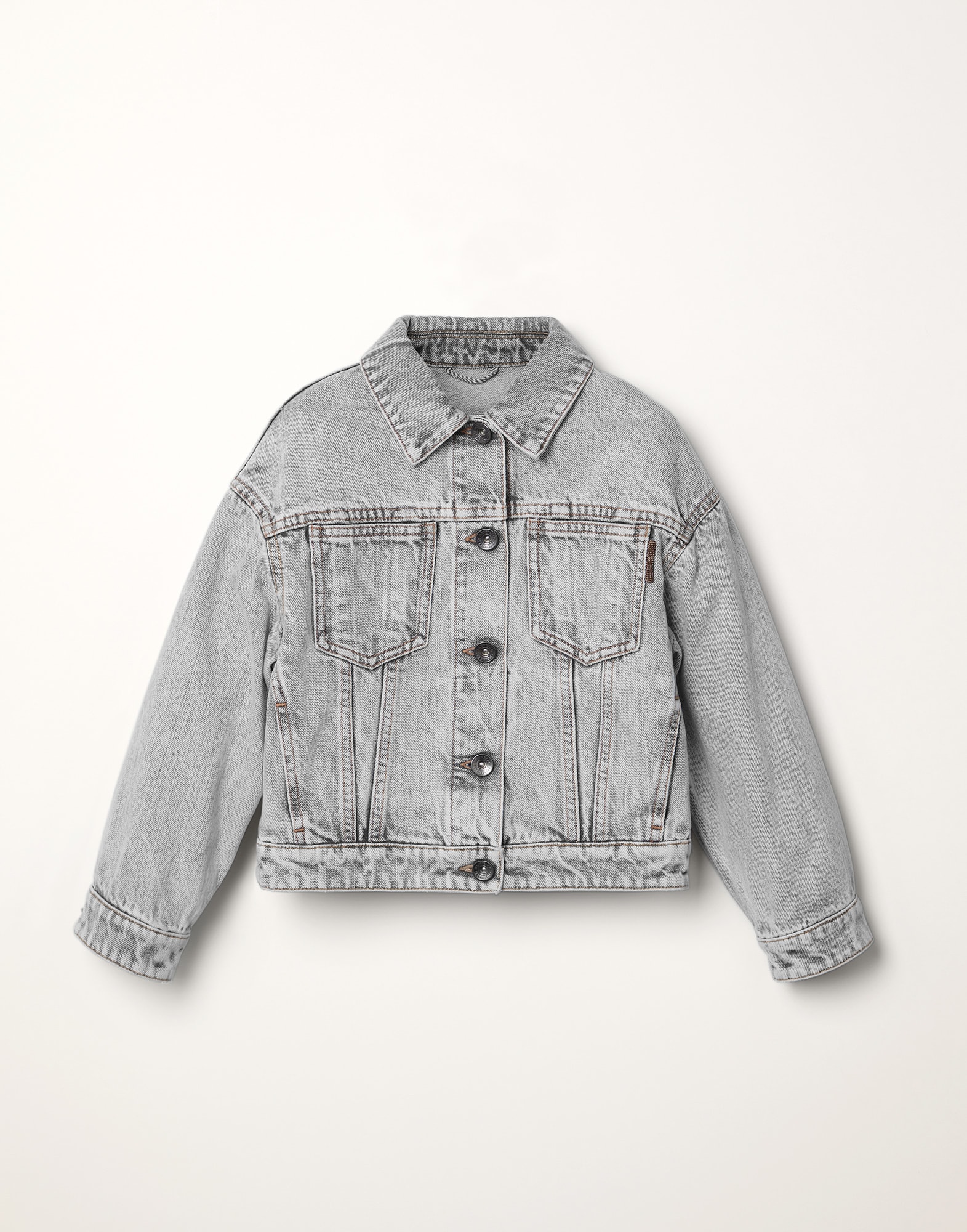 Aged denim four-pocket outerwear jacket with monili