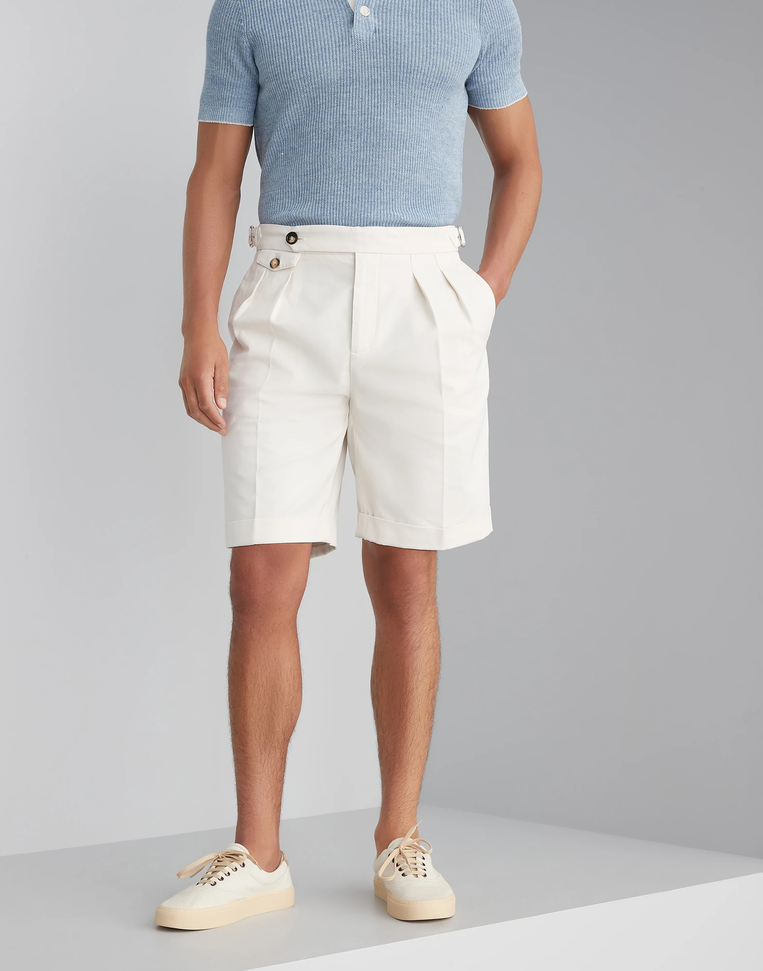 Garment-dyed Bermuda shorts in twisted cotton gabardine with double pleats and waist tabs