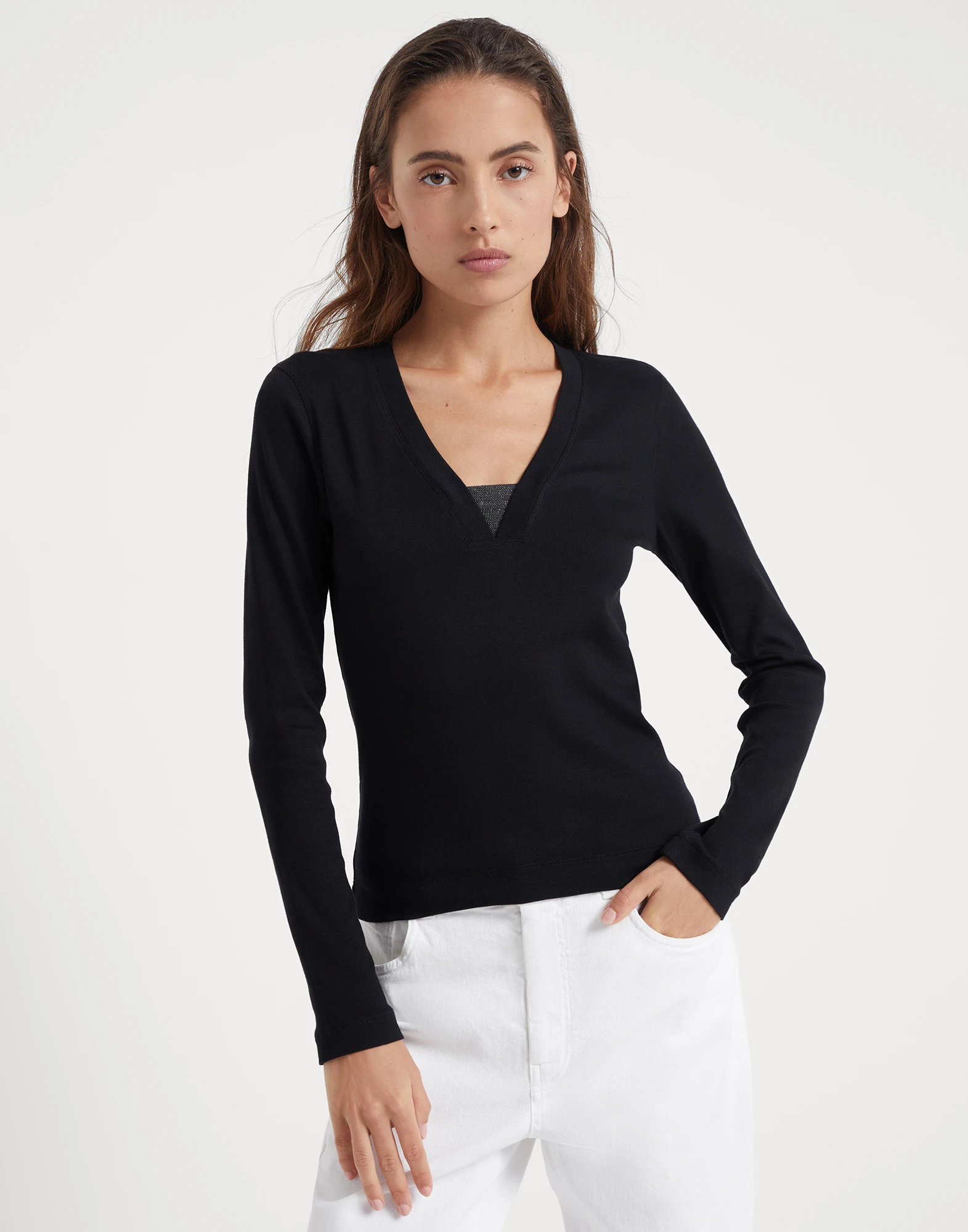 Stretch cotton ribbed jersey T-shirt with precious insert